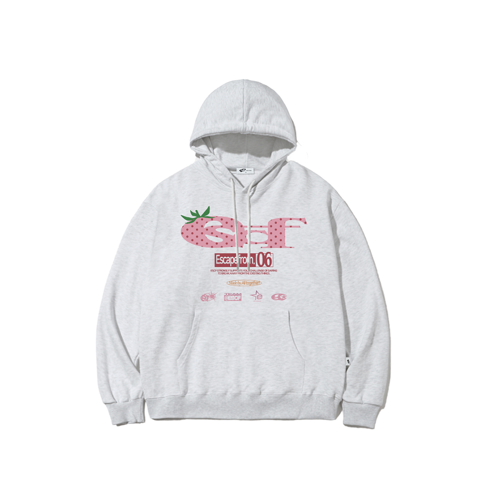 E252HD014WM Escapefrom Strawberry Dot ESCF Logo Collage Print Hoodie White Melange