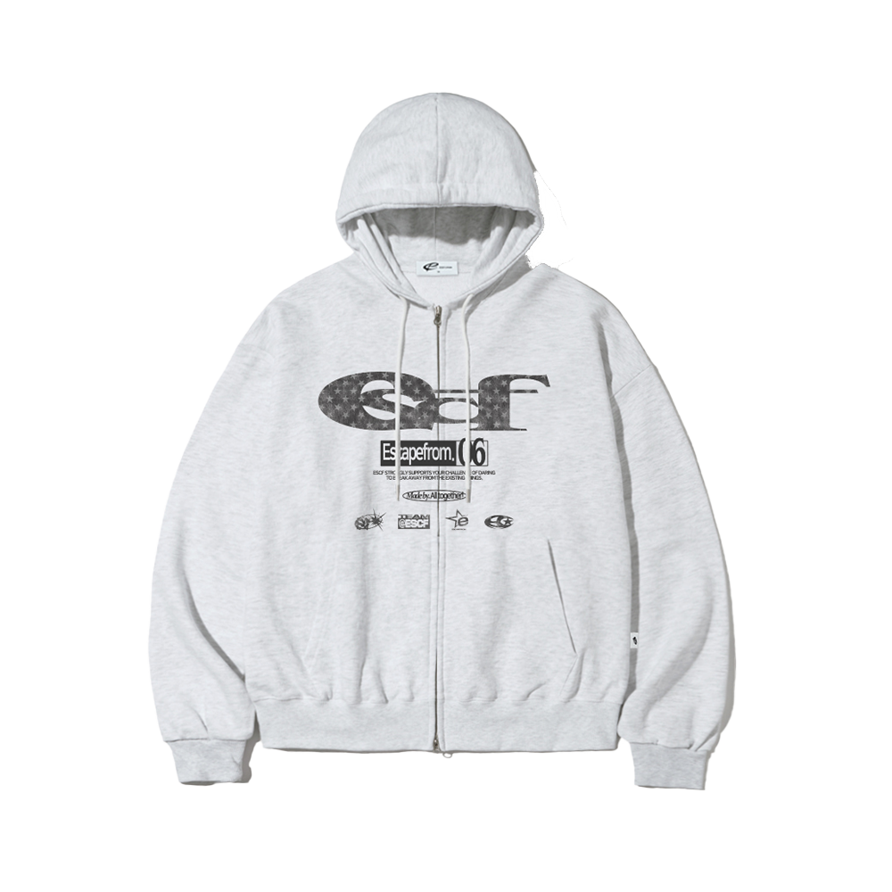 이스케이프프롬 블랙 별 데님 ESCF 로고 콜라주 프린트 투웨이 후드집업 화이트멜란지(Escapefrom Black Star Denim ESCF Logo Collage Print Two-Way Hoodie Zip-Up White Melange) - 1