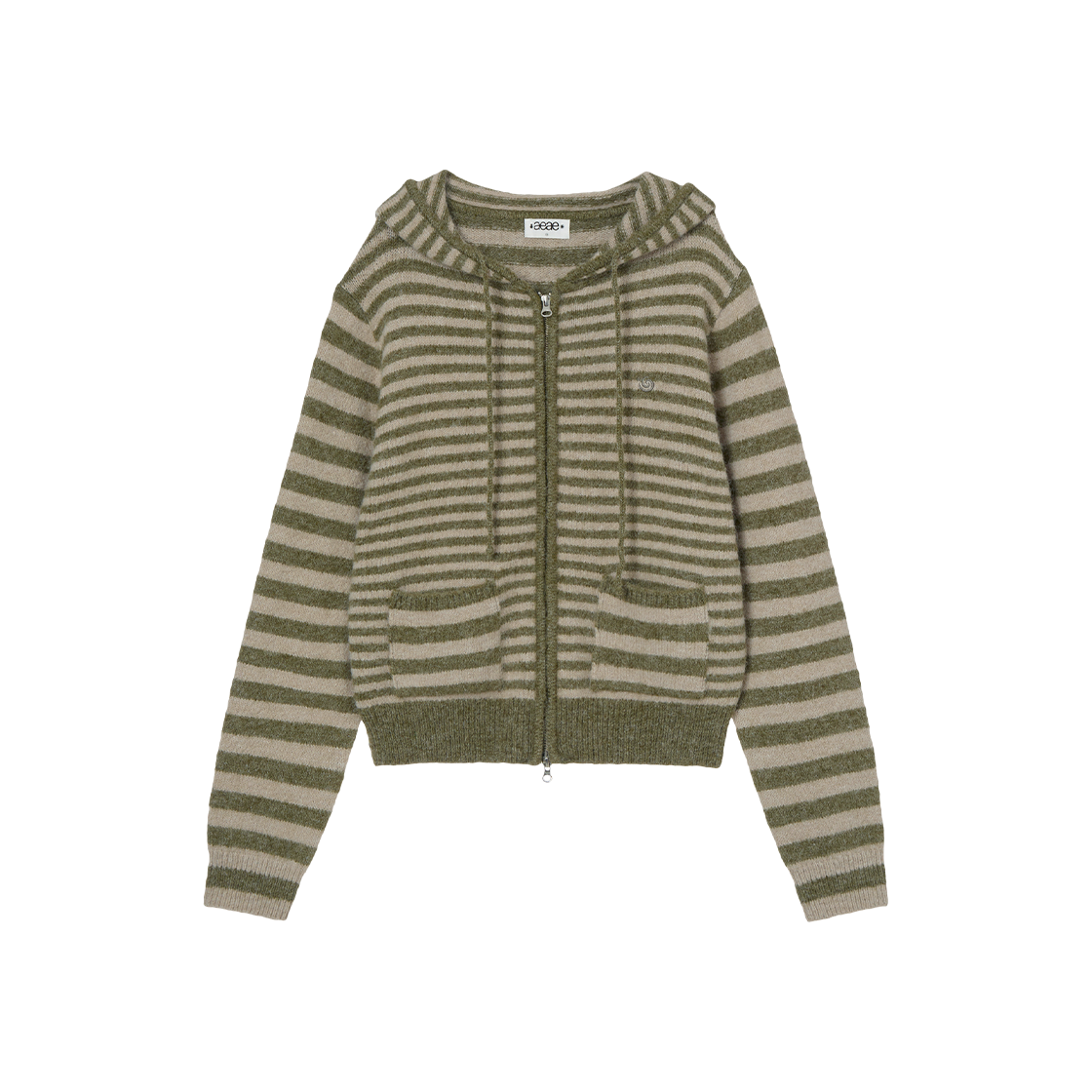 AE45FWHZ003KHA AEAE Stripe Hood Knit Zip Up Khaki