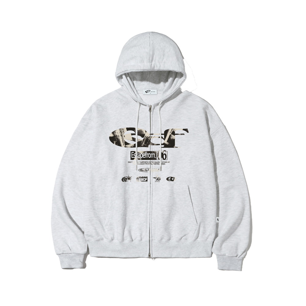 E252HZ011WM Escapefrom Stamp ESCF Logo Collage Print Two-Way Hoodie Zip-Up White Melange