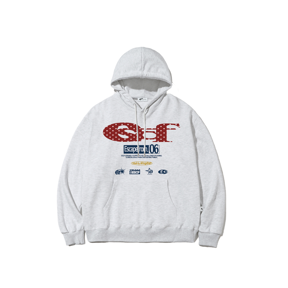 E252HD003WM Escapefrom Red Dot ESCF Logo Collage Print Hoodie White Melange