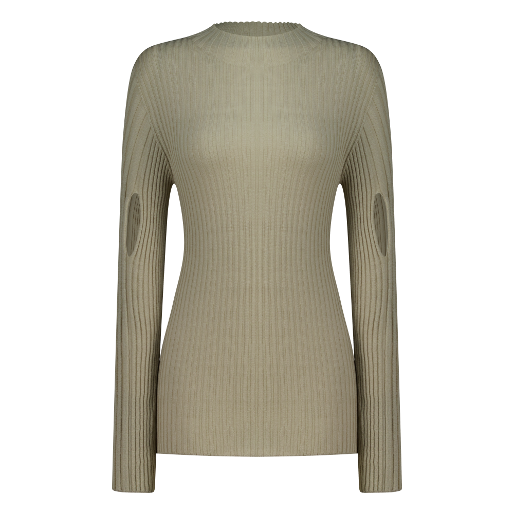 쥬키프 울 립 모크넥 탑 실버 베이지(Juukiff Ribbed Mock-Neck Top In Mixed Wool Silver Beige)