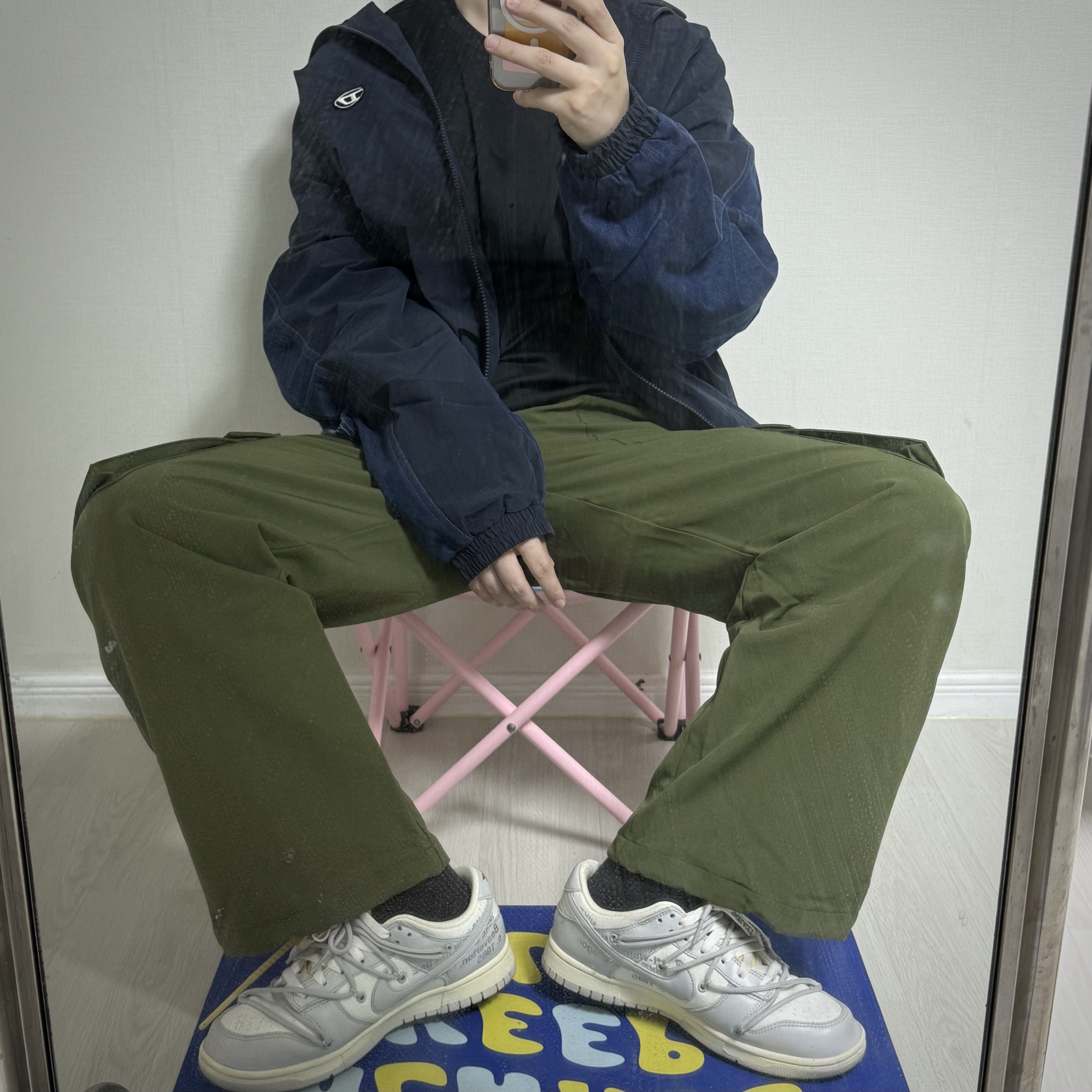 Diesel J-Bright Track Jacket in Wrinkled Nylon and Denim Blue, Nike x Off-White Dunk Low The 50 - Lot 46 착용 스타일