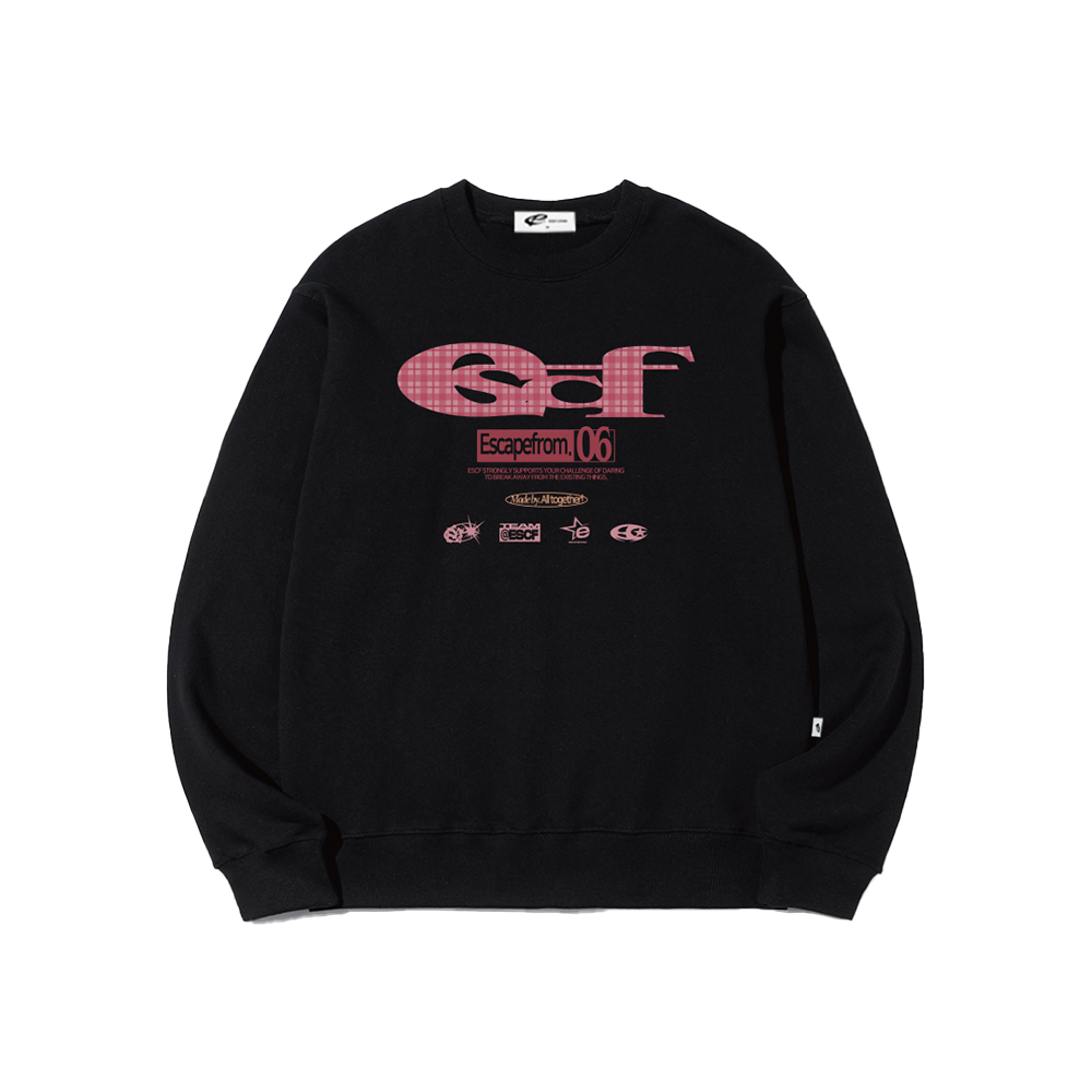 E252SW022BK Escapefrom Pink Check ESCF Logo Collage Print Sweatshirt Black