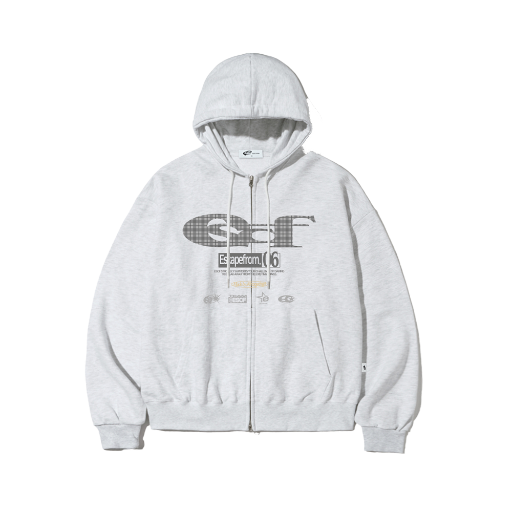 E252HZ002WM Escapefrom Gray Check ESCF Logo Collage Print Two-Way Hoodie Zip-Up White Melange