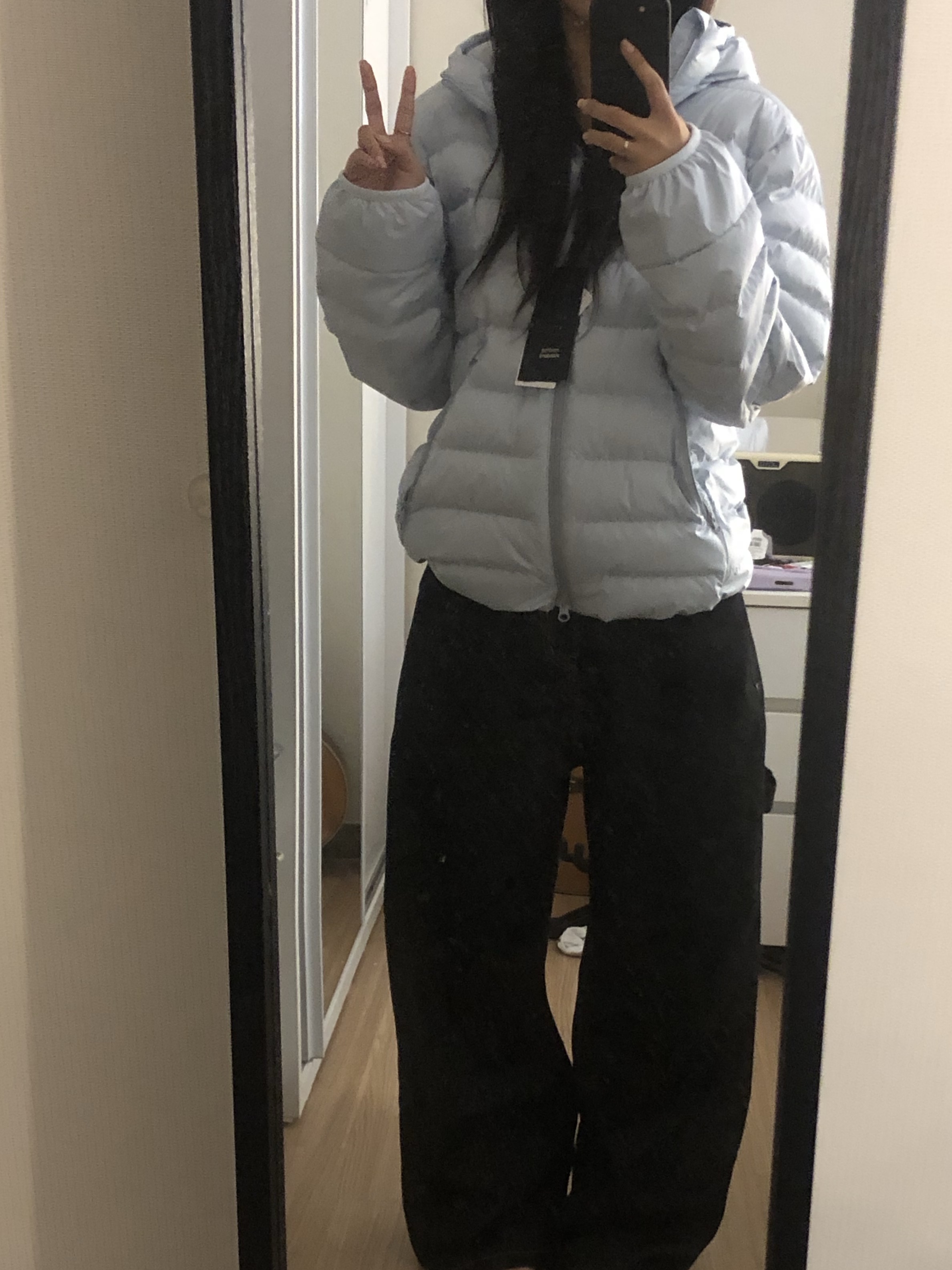 Musinsa Standard City Leisure Hooded Light Down Jacket Cloudy Blue 착용 스타일