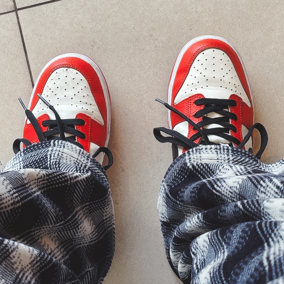 Nike x NBA Dunk Low Retro EMB Black and Chile Red 착용 스타일