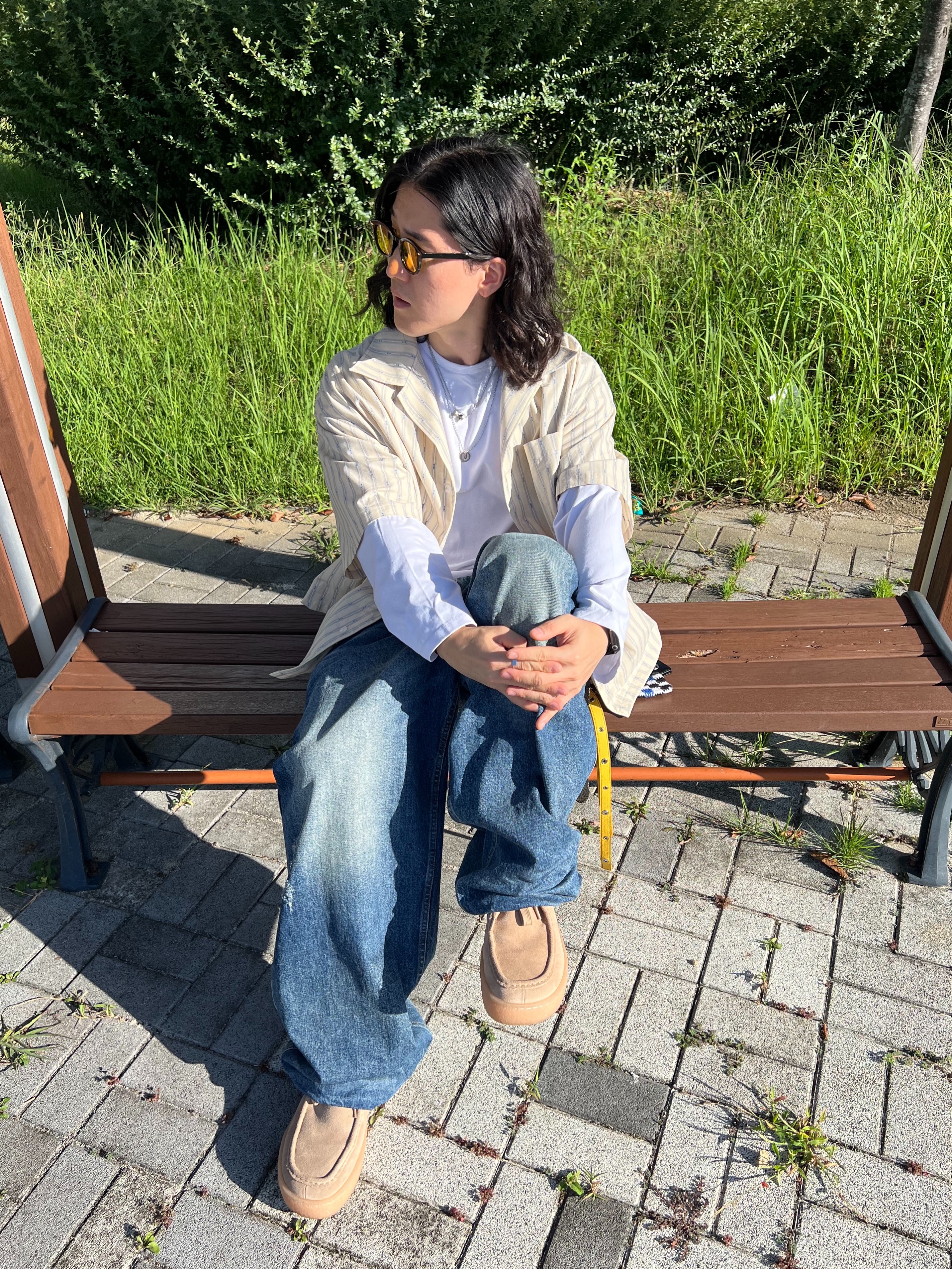 Nonnod Vacation Shirt Yellow Stipe, Nonnod Double Pocket Japanese Denim Mid Blue 착용 스타일 - 6