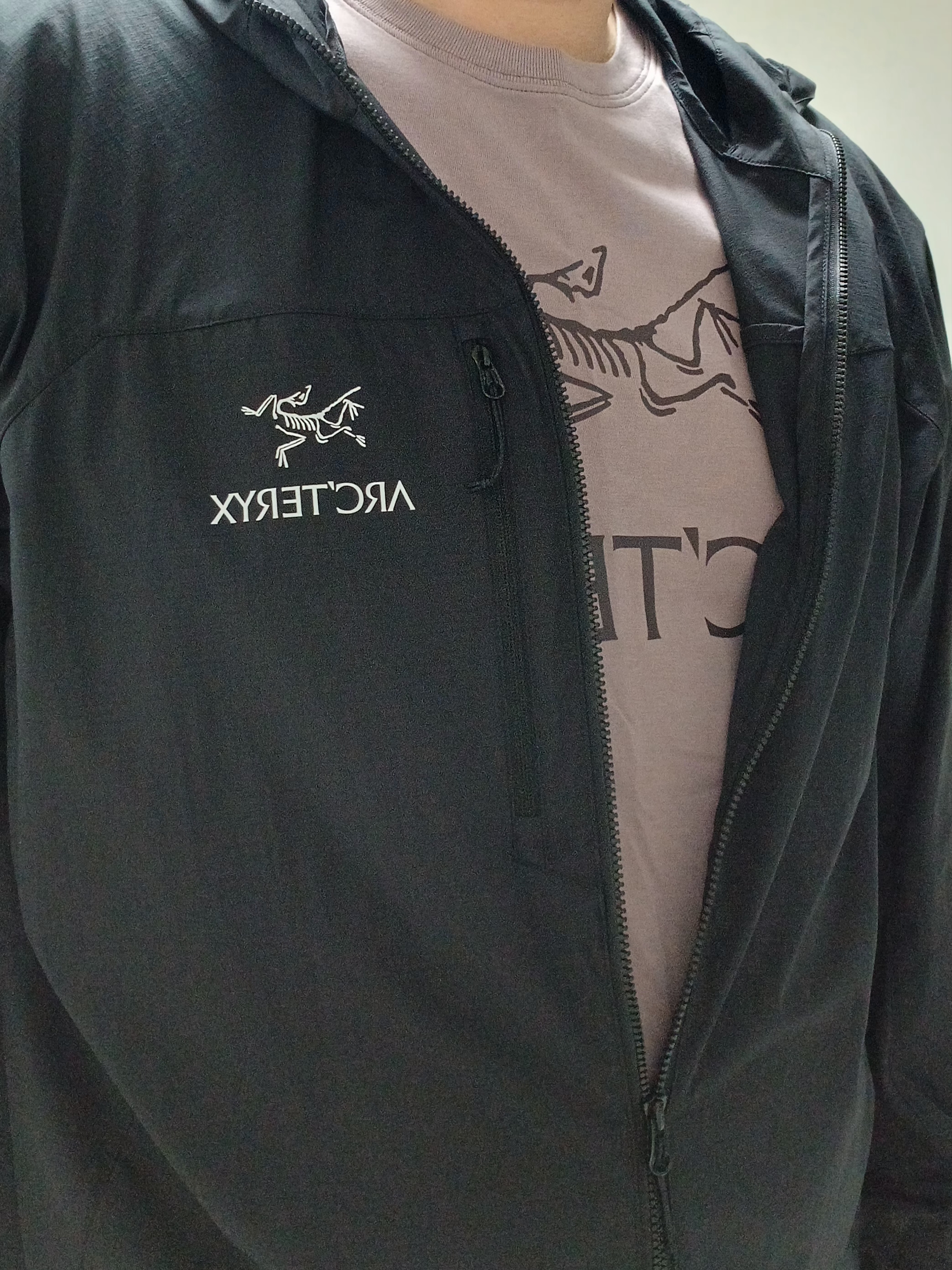 Arc'teryx Squamish Hoody Black, Arc'teryx Arc'word Logo SS T-Shirt Interstellar Phantasm 착용 스타일 - 2