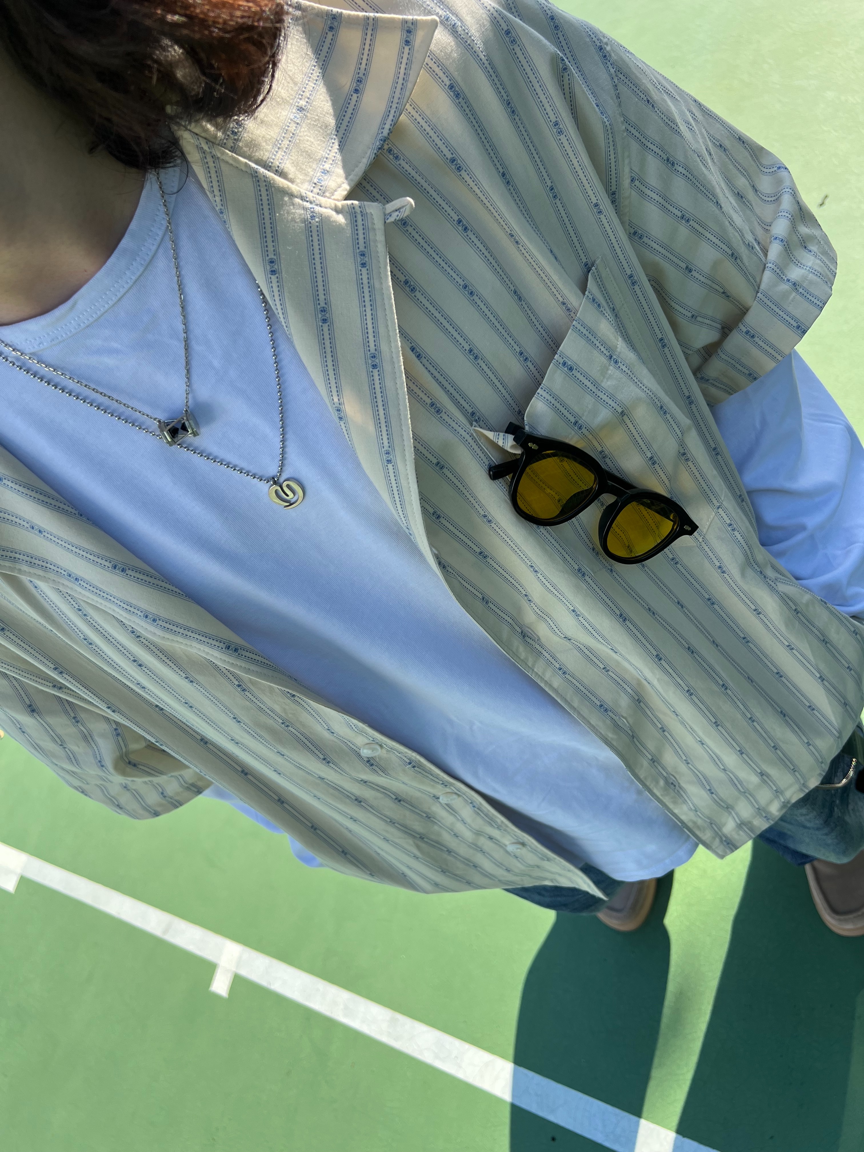 Nonnod Vacation Shirt Yellow Stipe, Nonnod Double Pocket Japanese Denim Mid Blue 착용 스타일 - 7