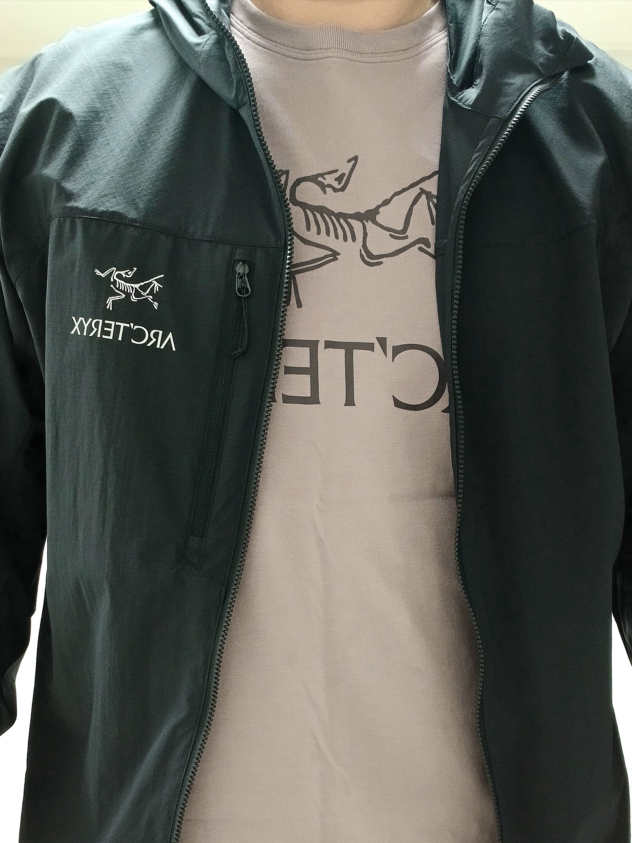 Arc'teryx Squamish Hoody Black, Arc'teryx Arc'word Logo SS T-Shirt Interstellar Phantasm 착용 스타일 - 7