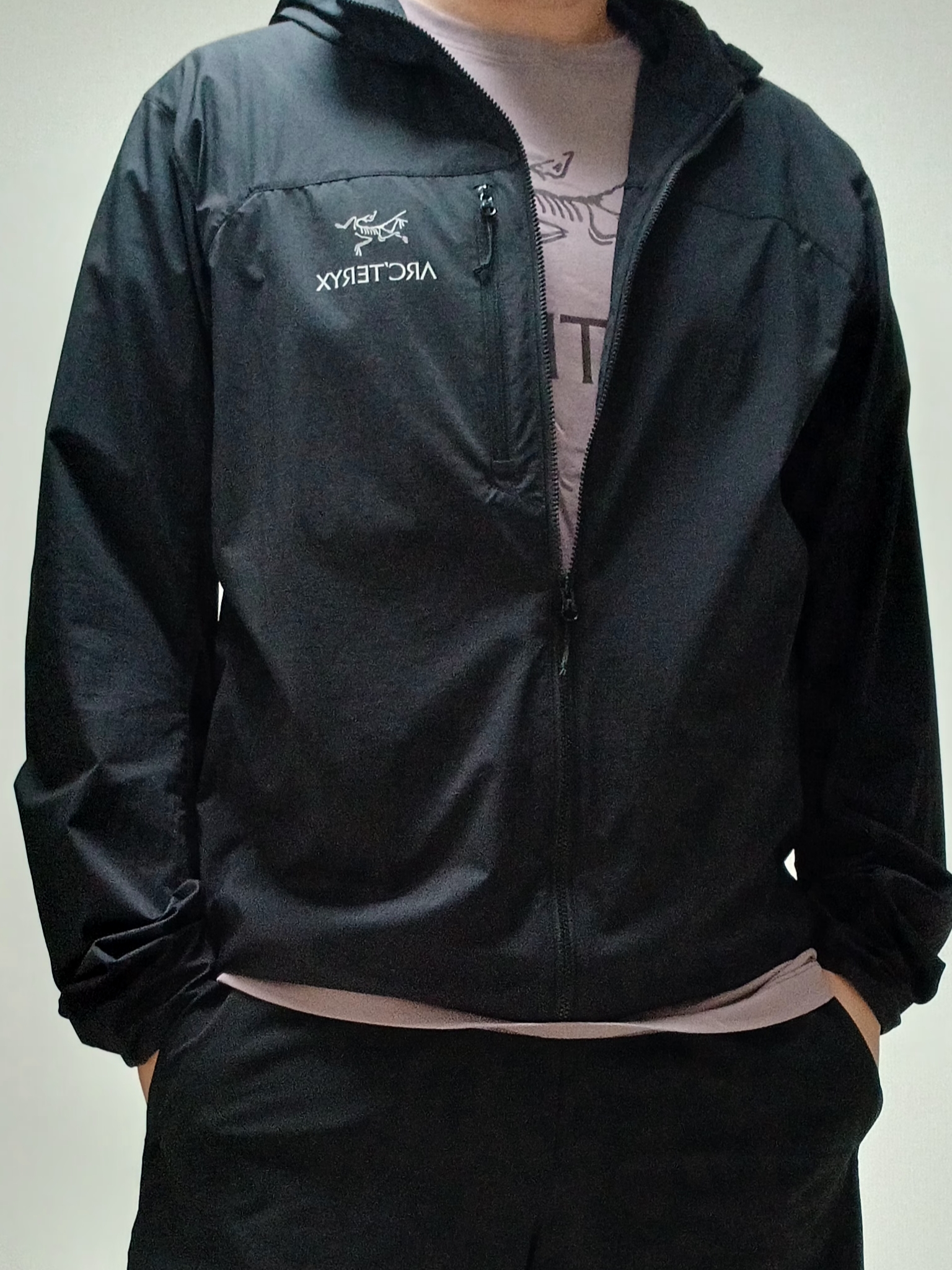 Arc'teryx Squamish Hoody Black, Arc'teryx Arc'word Logo SS T-Shirt Interstellar Phantasm 착용 스타일 - 1