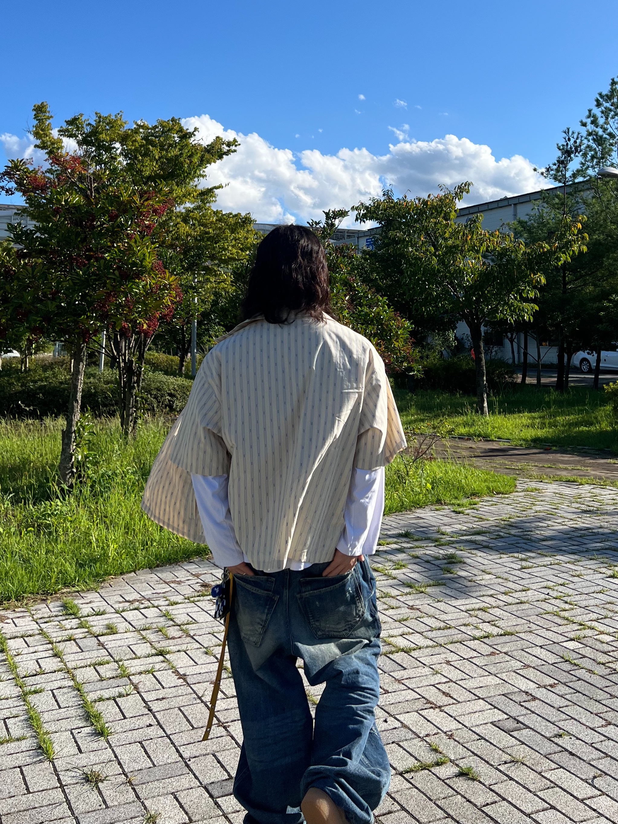 Nonnod Vacation Shirt Yellow Stipe, Nonnod Double Pocket Japanese Denim Mid Blue 착용 스타일 - 4