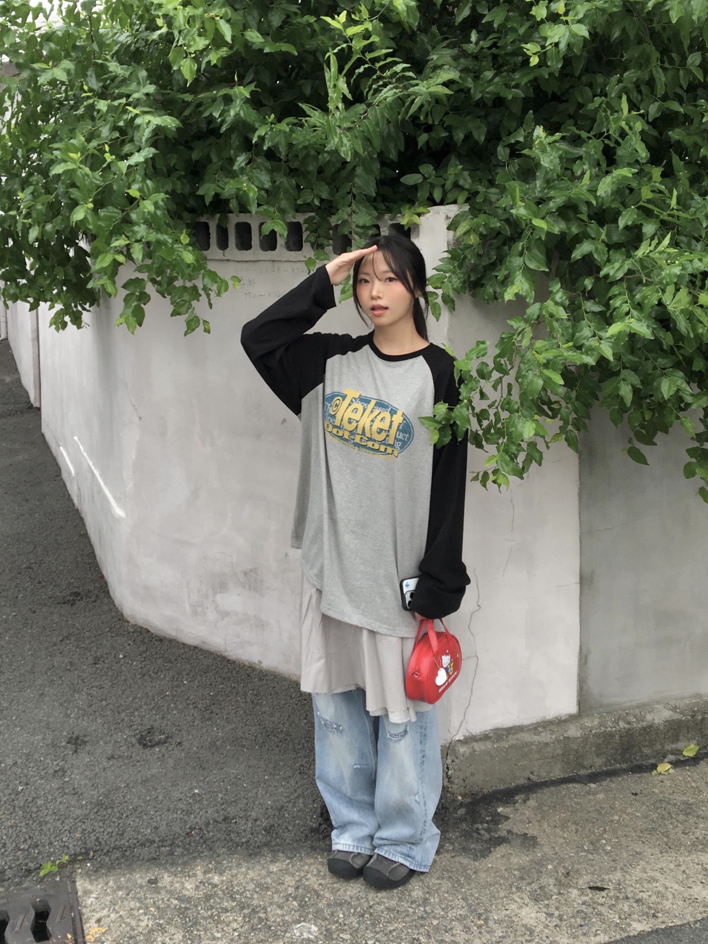 COYSEIO Double Shirring Skirt Grey, AEAE Check Patchwork Denim Pants Light Blue 착용 스타일 - 1
