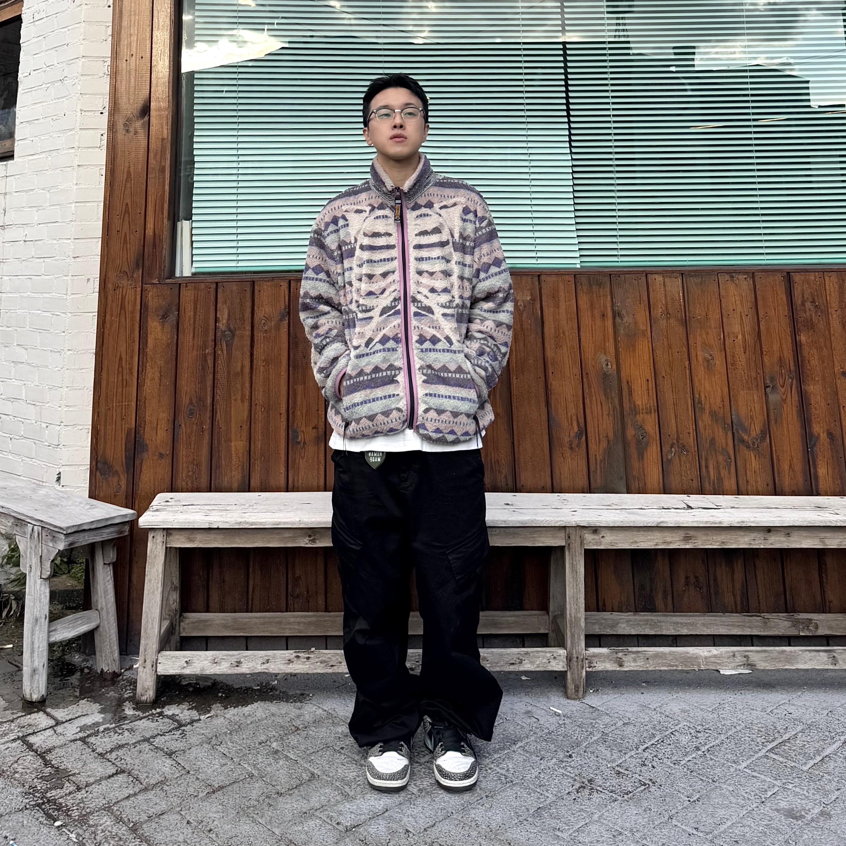 Kapital Ashland Stripe & Bone Fleece Zip Blouson Purple, Human Made Graphic T-Shirt #13 White 착용 스타일 - 2