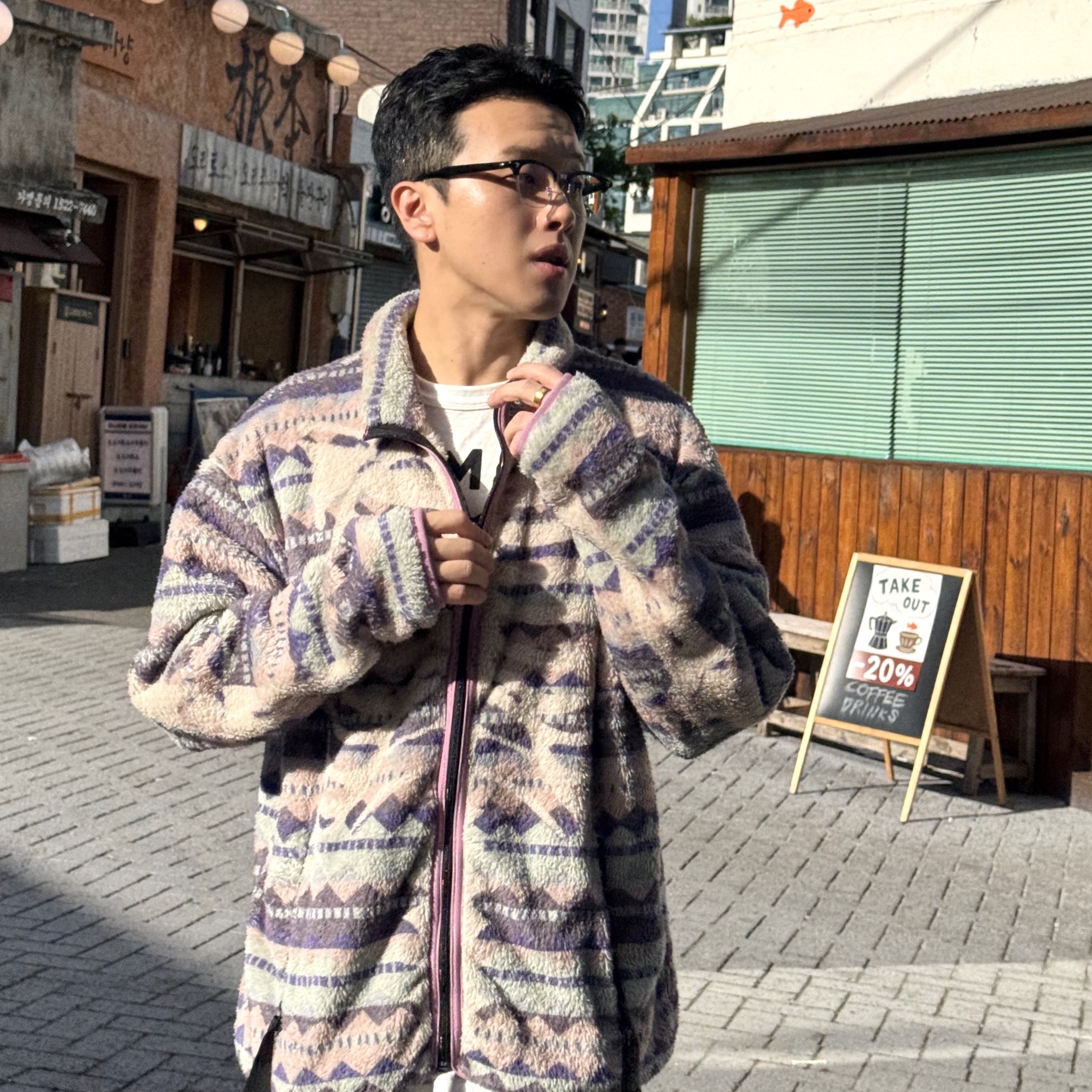 Kapital Ashland Stripe & Bone Fleece Zip Blouson Purple, Human Made Graphic T-Shirt #13 White 착용 스타일 - 1