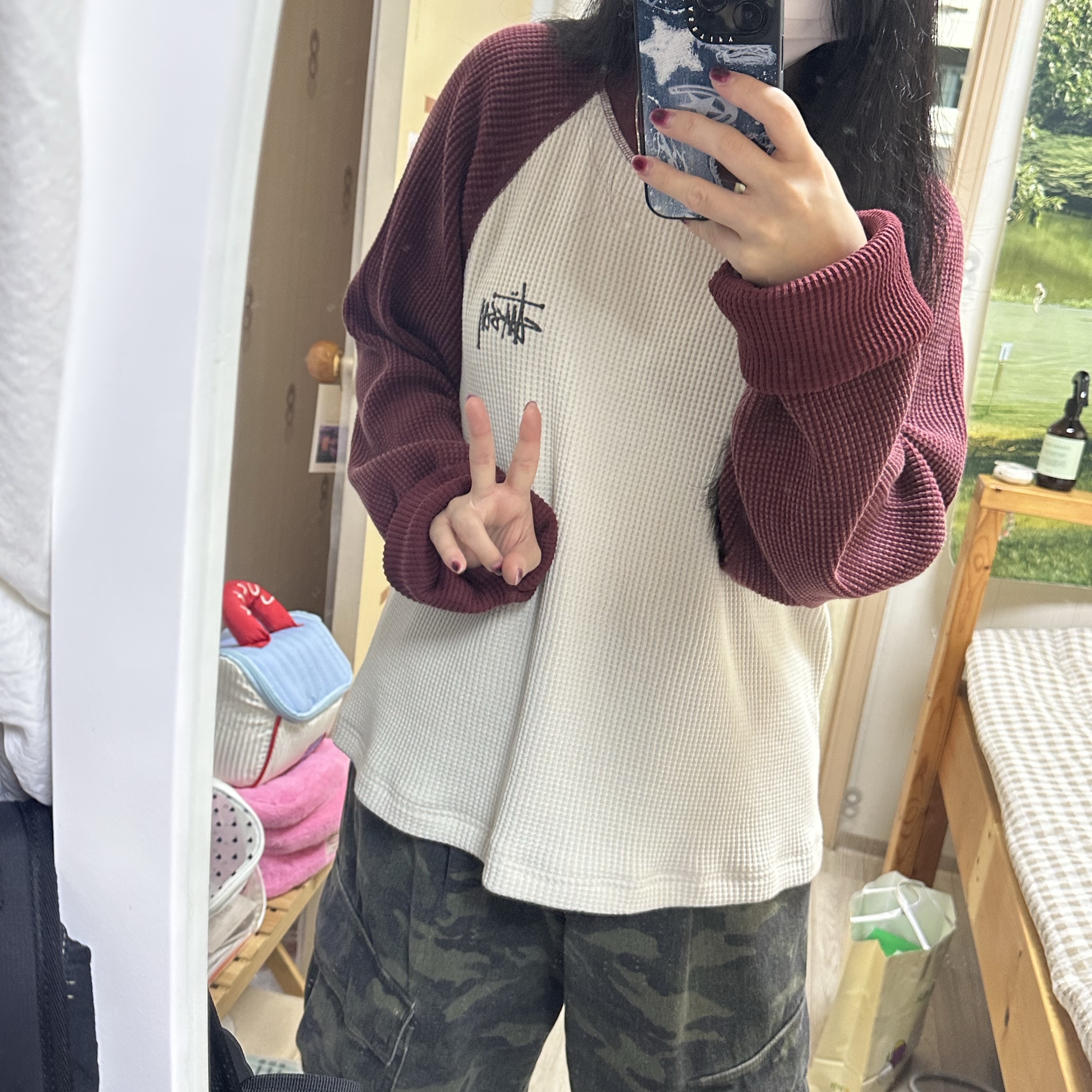Stussy Basic Stussy Thermal 2 Tone LS T-Shirt Off White 착용 스타일