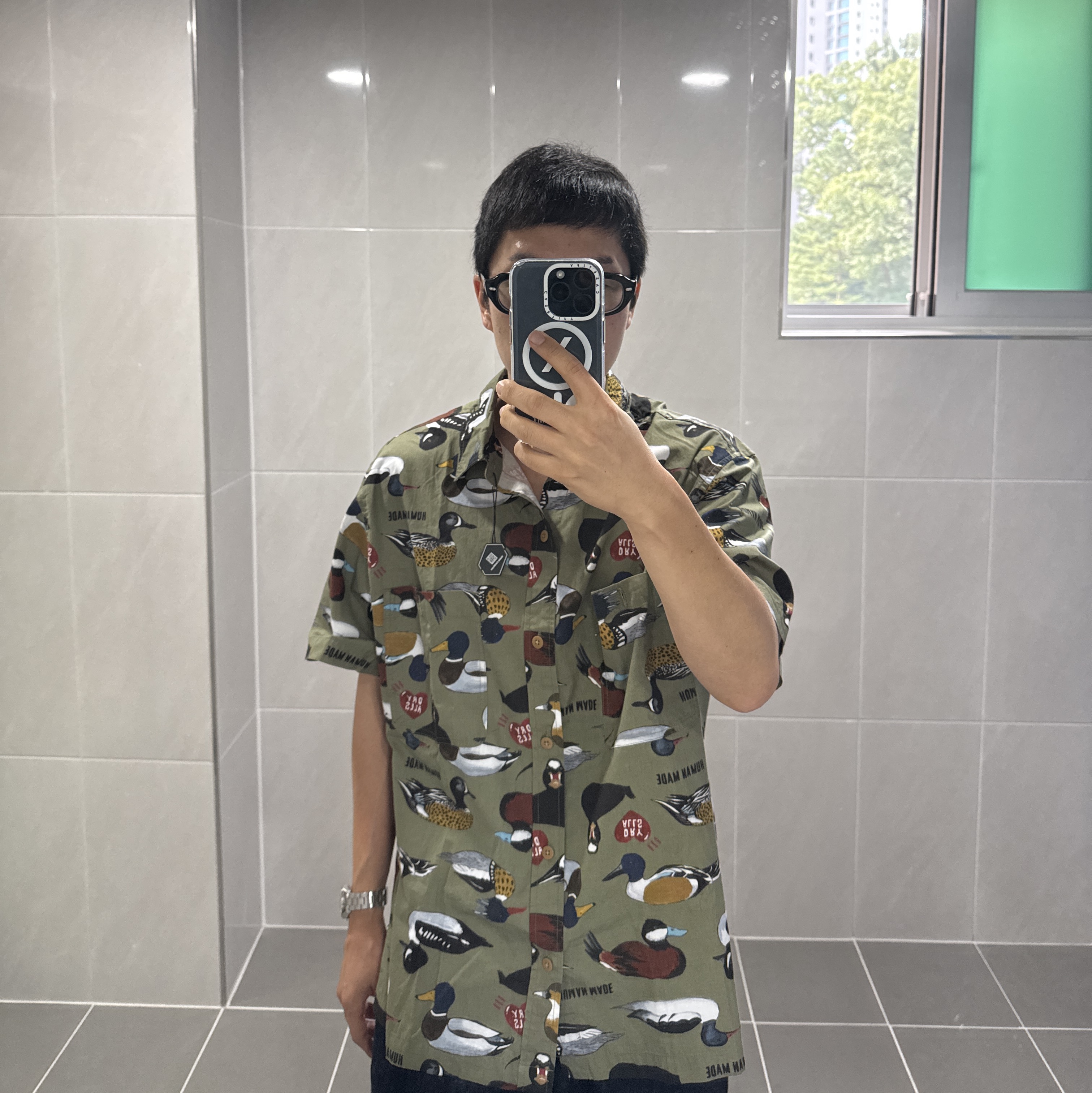 Human Made Duck S/S Shirt Olive Drab 착용 스타일 - 1