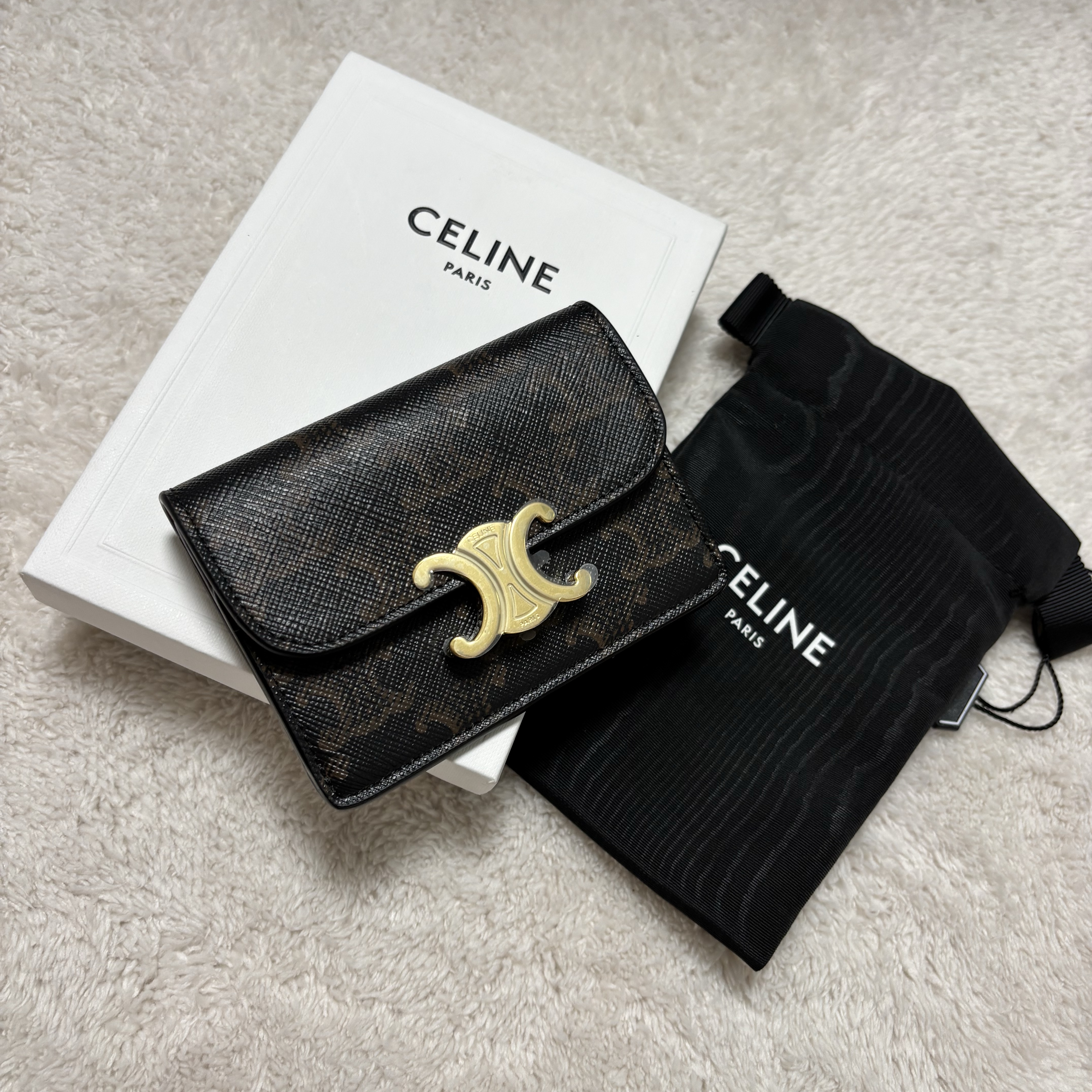 Celine Card Holder with Flap in Triomphe Canvas Tan 착용 스타일