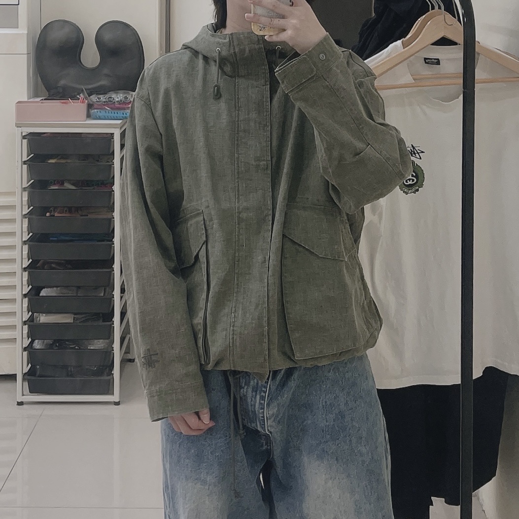 Stussy Waxed Linen Short Parka Olive, Palace EL Script P90 Baggy Jean Stone Wash - 24FW 착용 스타일