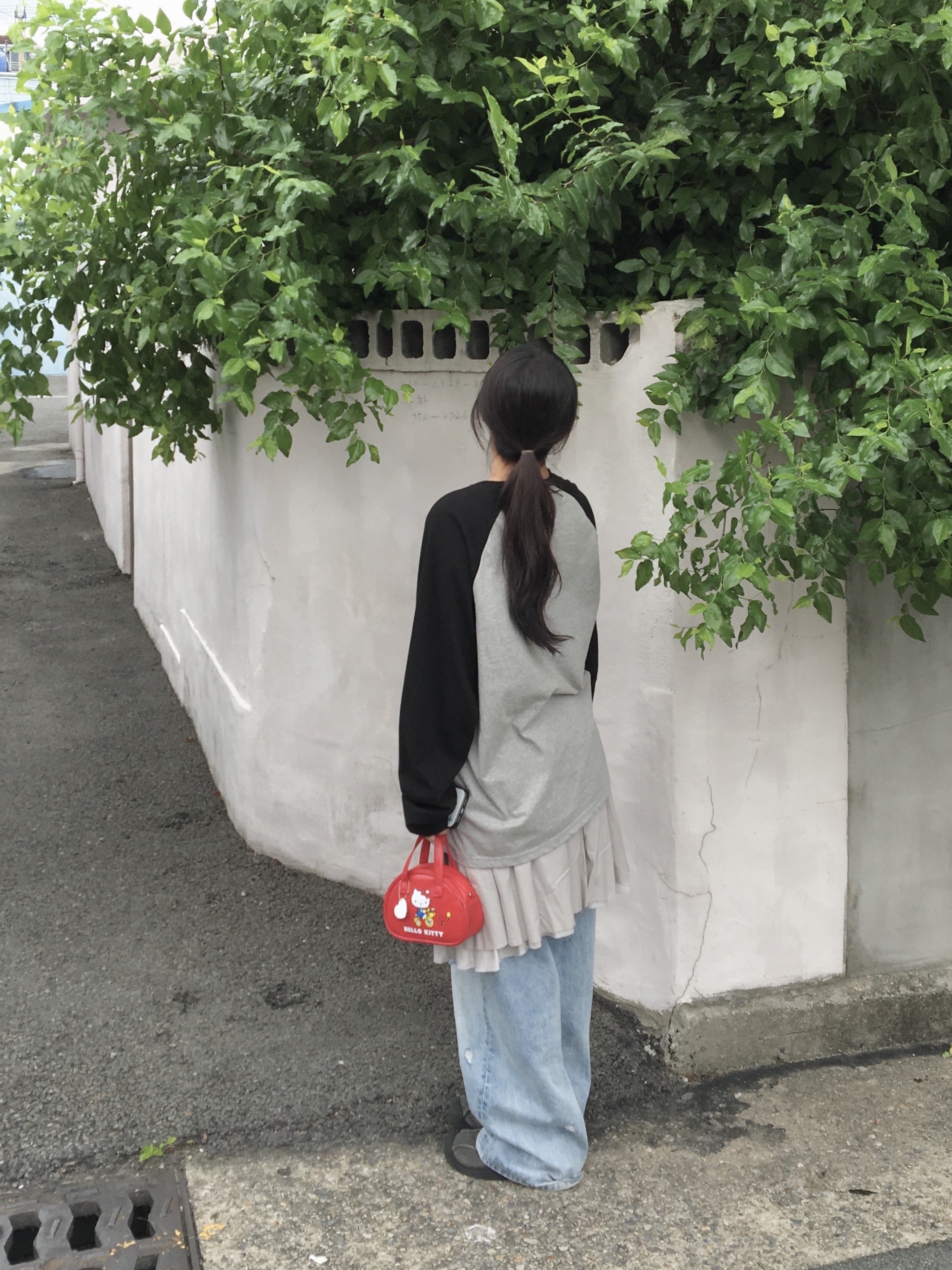 COYSEIO Double Shirring Skirt Grey, AEAE Check Patchwork Denim Pants Light Blue 착용 스타일 - 2