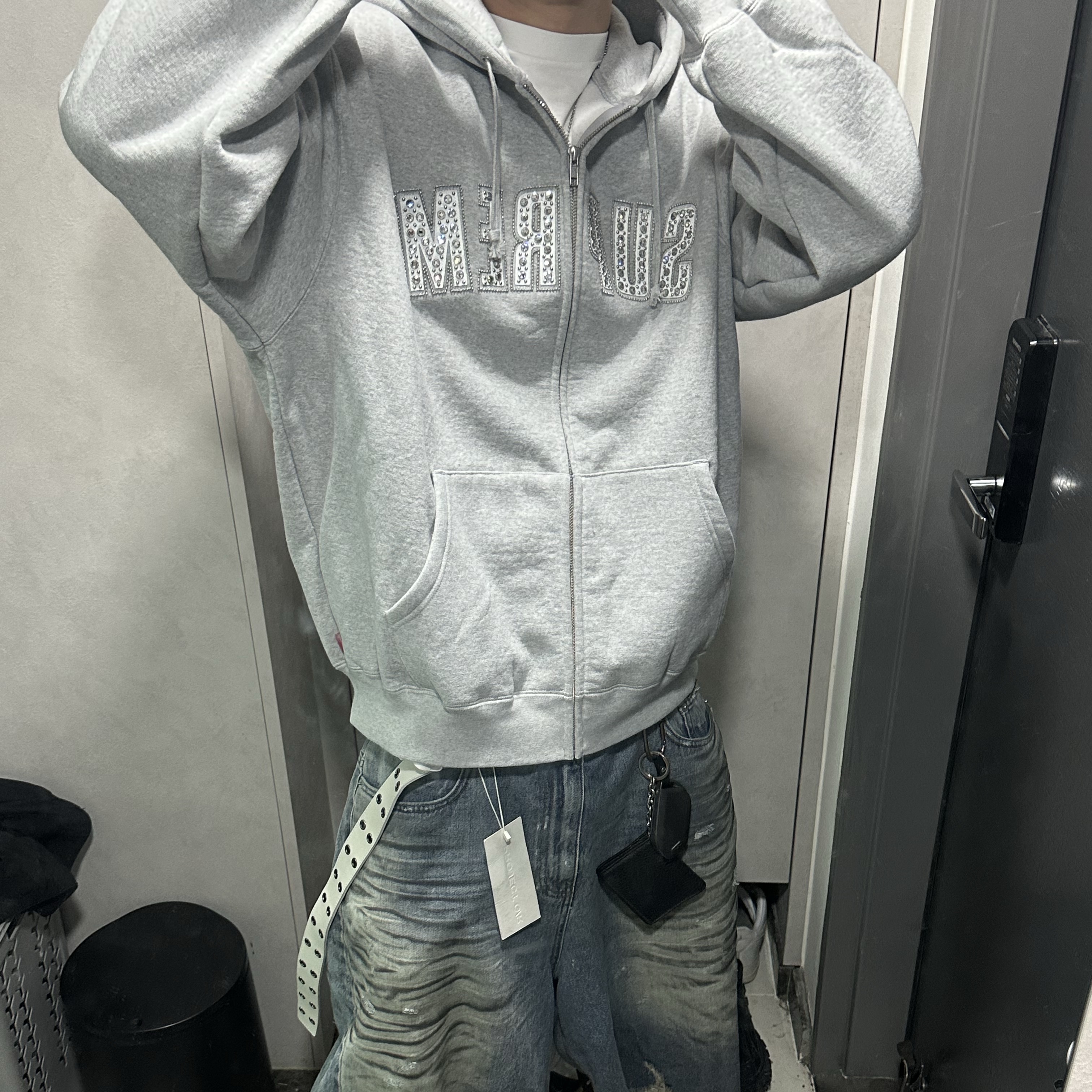 Supreme x B.B. Simon Zip Up Hooded Sweatshirt Heather Grey - 25SS, Project G/R Reworked Bermuda Shorts Blue 착용 스타일