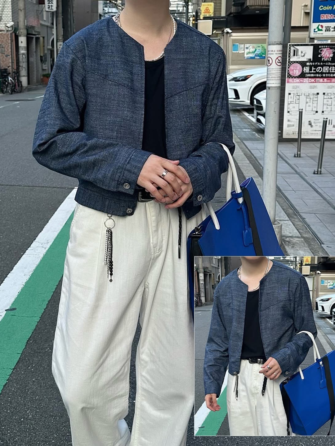 Ajobyajo PBA White Pearl Necklace Silver, Ader Error Wide Blue Bag Blue 착용 스타일 - 2