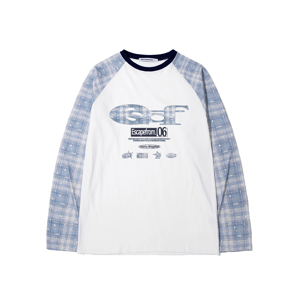 E252LS054RR Escapefrom ESCF Logo Collage & Logo Play Check Full Print Long Sleeve T-shirt Blue