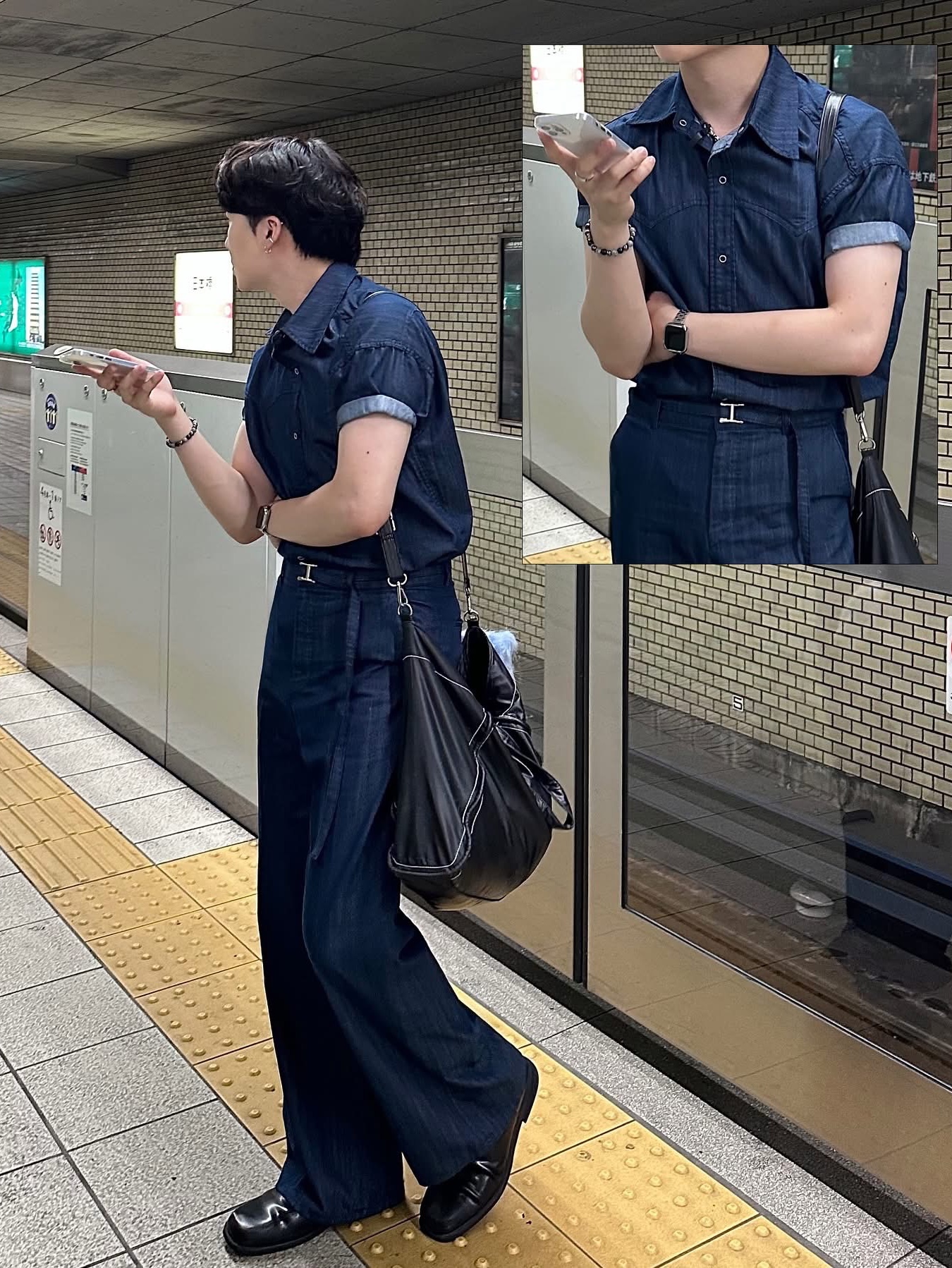 Our Legacy Ladon Leather Keychain Black, Matin Kim Big Coating Tote Bag Black 착용 스타일 - 5