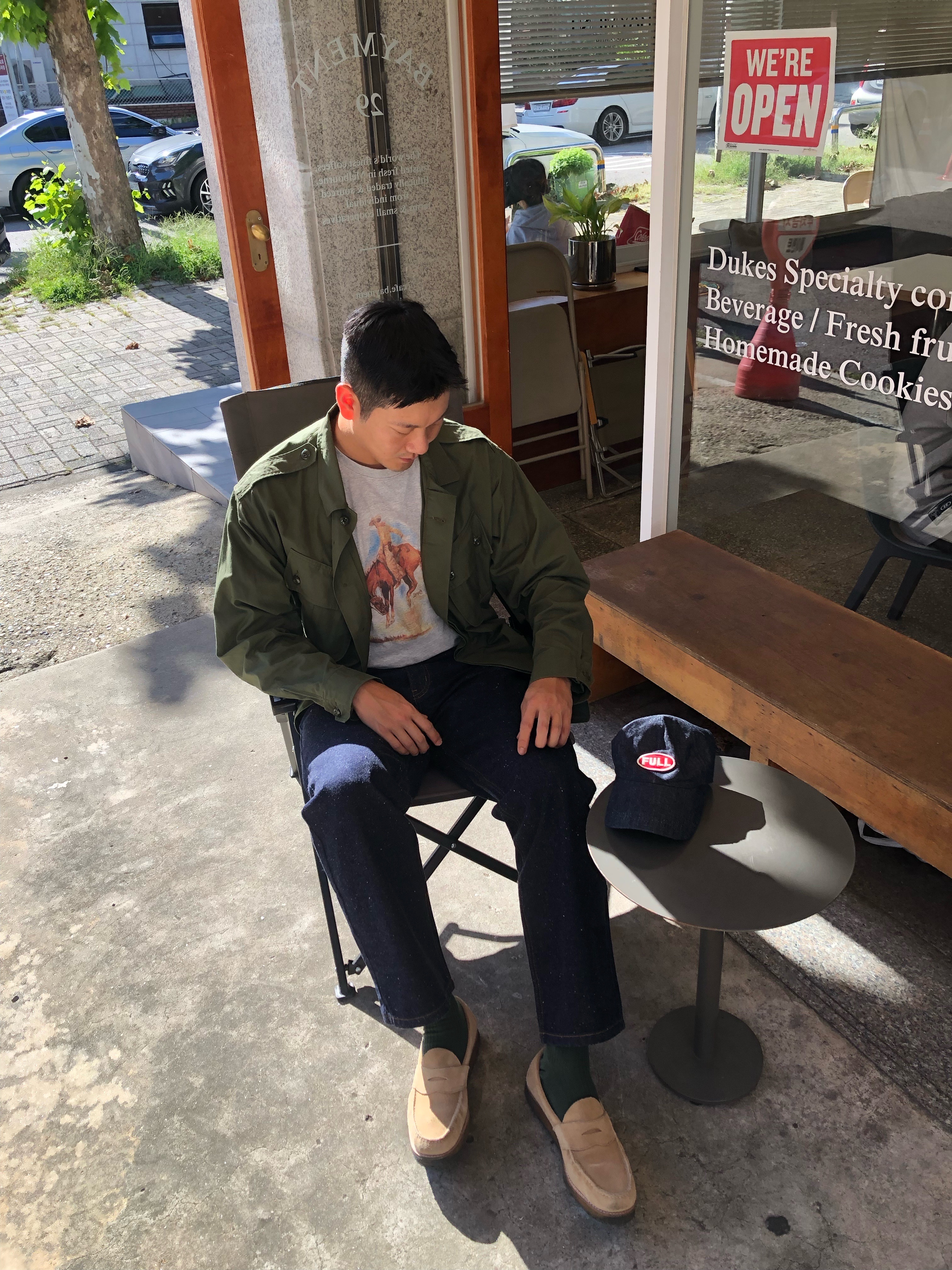 Fullcount Full Emblem Denim Baseball Cap Indigo Blue, The Real McCoy's Combat Tropical Coat Olive 착용 스타일 - 2