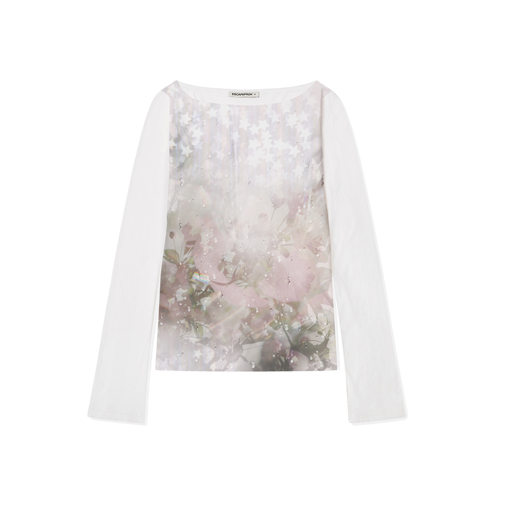 이스케이프프롬 블러플라워 풀프린트 슬림핏 롱슬리브 아이보리(Escapefrom Blur Flower Full Print Slim Fit Long Sleeve T-shirt Ivory)