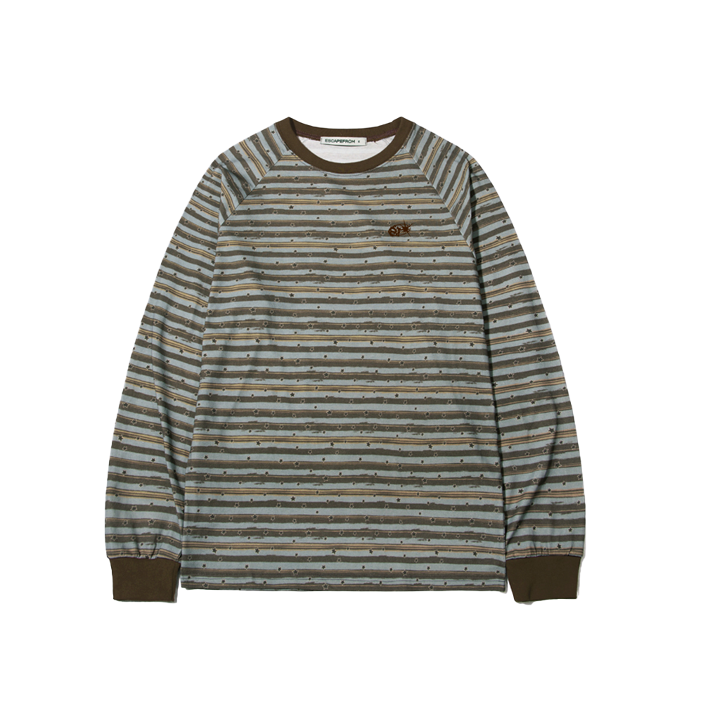 E252LS052RR Escapefrom Brush Stripe Star Full Print Long Sleeve T-shirt Brown