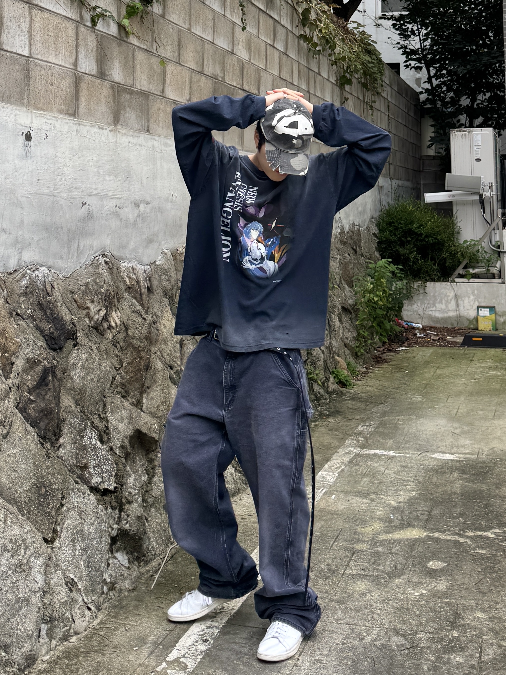 Protocol Index x Evangelion Overdyed Vintage Neon Genesis Long Sleeve T-Shirt Navy, Project G/R Crashed Cap City Camo 착용 스타일 - 2