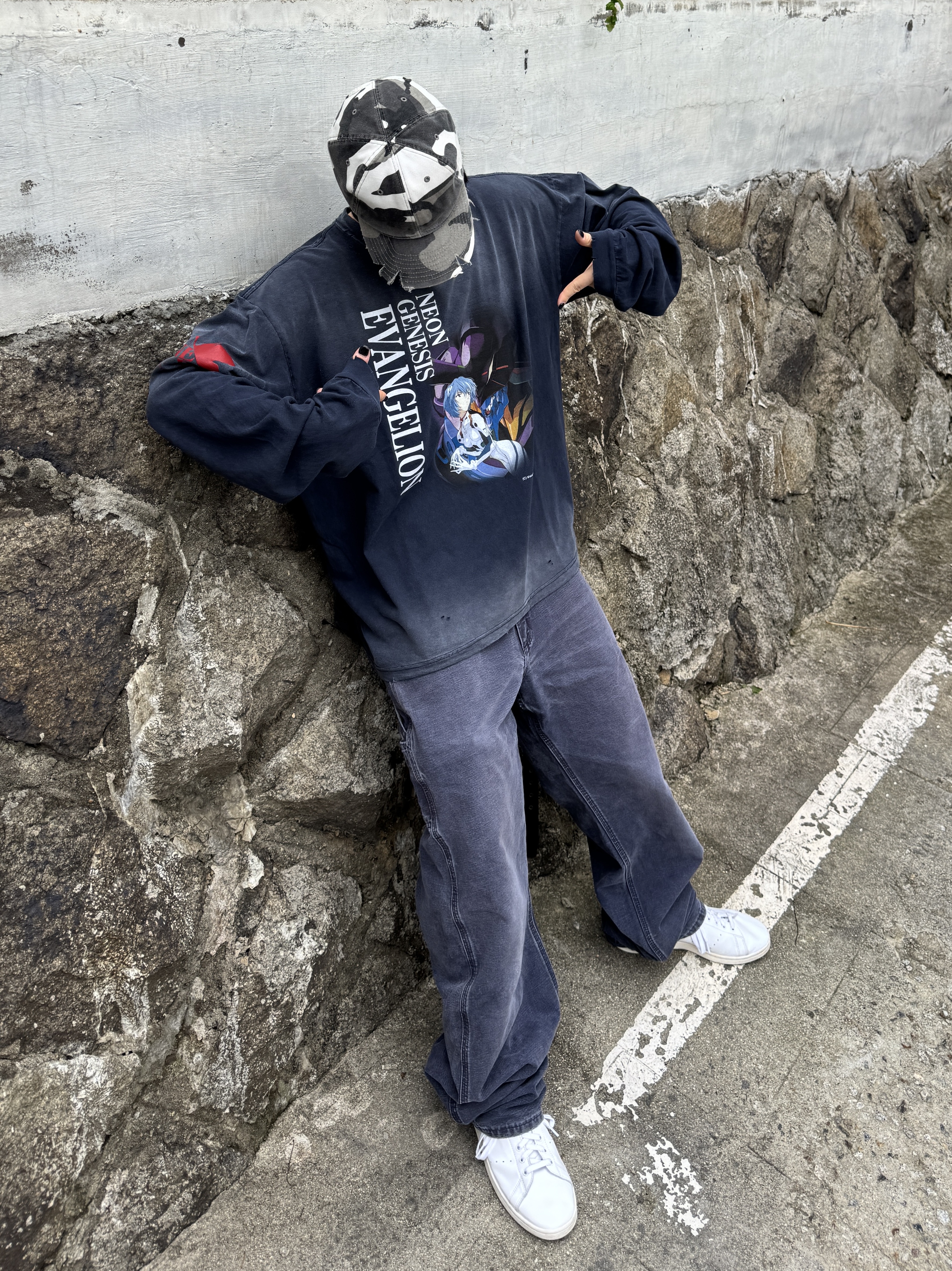 Protocol Index x Evangelion Overdyed Vintage Neon Genesis Long Sleeve T-Shirt Navy, Project G/R Crashed Cap City Camo 착용 스타일 - 1