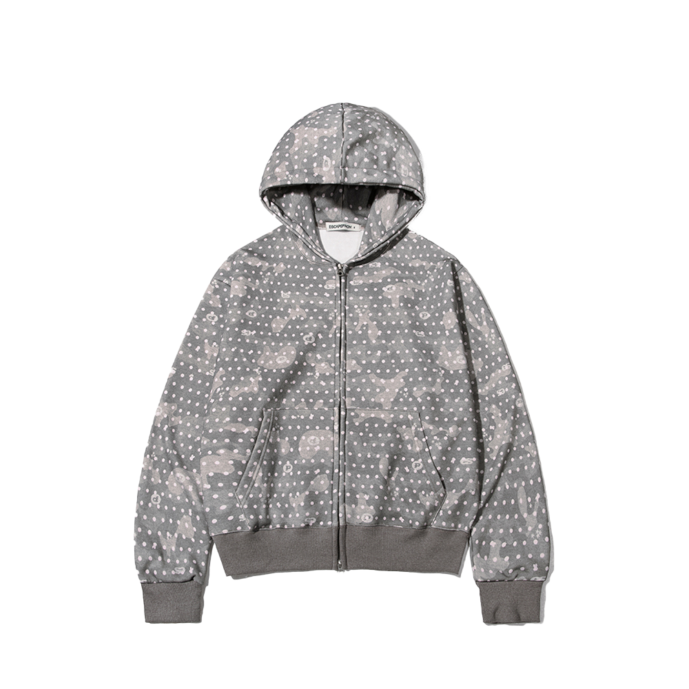 E252HZ030RR Escapefrom Vintage Camo Bunny Dots Full Print Two-Way Hoodie Zip-Up