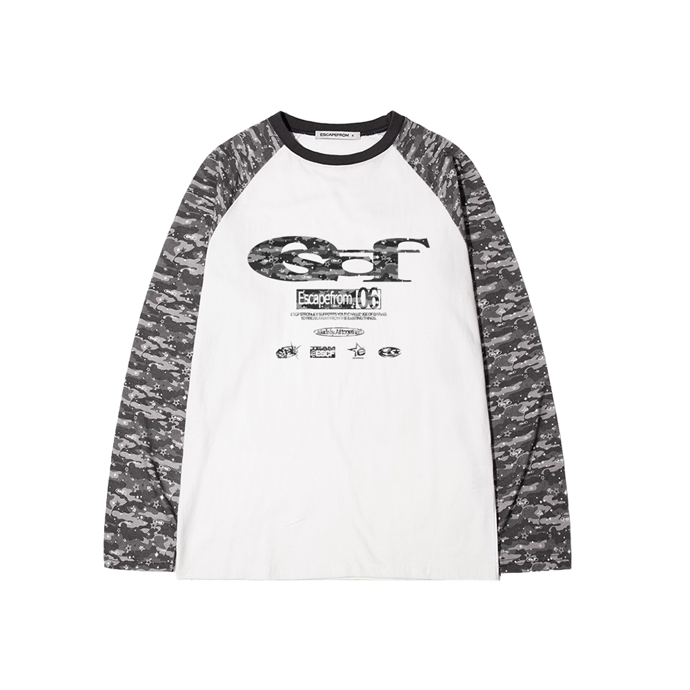 이스케이프프롬 ESCF 로고 콜라주 앤드 로고플레이 카모 풀프린트 롱슬리브 블랙(Escapefrom ESCF Logo Collage & Logo Play Camo Full Print Long Sleeve T-shirt Black) - 1