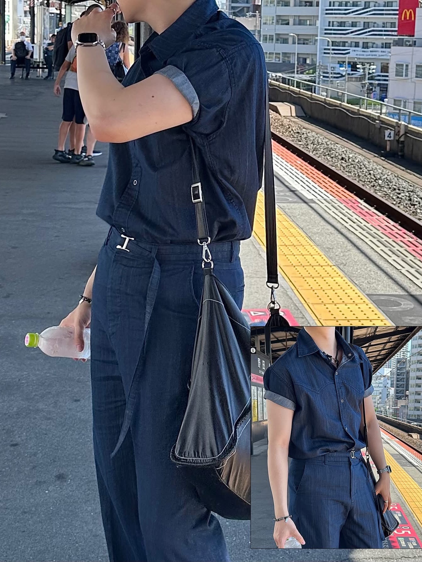 Our Legacy Ladon Leather Keychain Black, Matin Kim Big Coating Tote Bag Black 착용 스타일 - 4