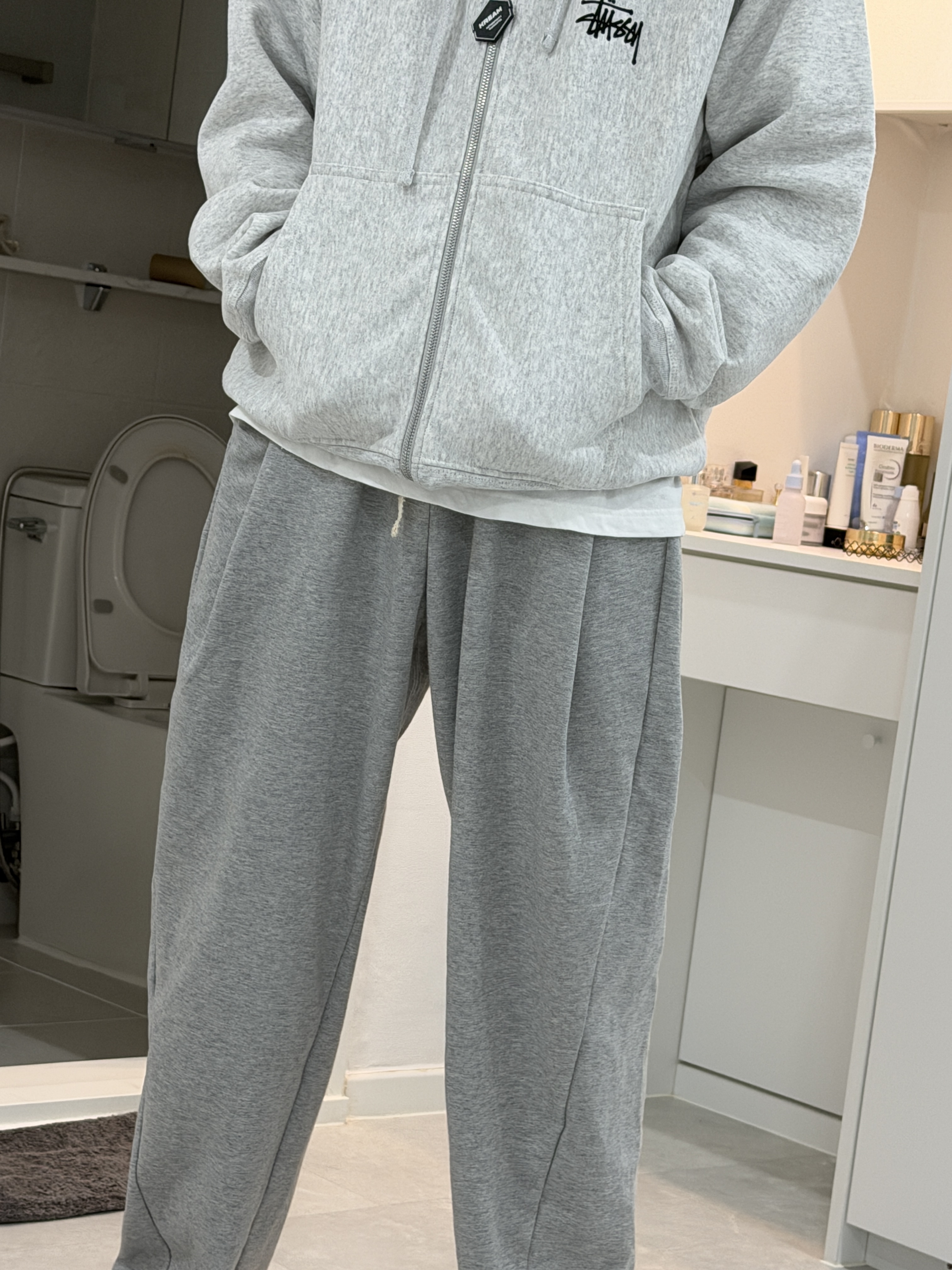 Stussy Basic Stussy Zip Hoodie Ash Heather, Knitted Curved Training Pants Melange Grey 착용 스타일