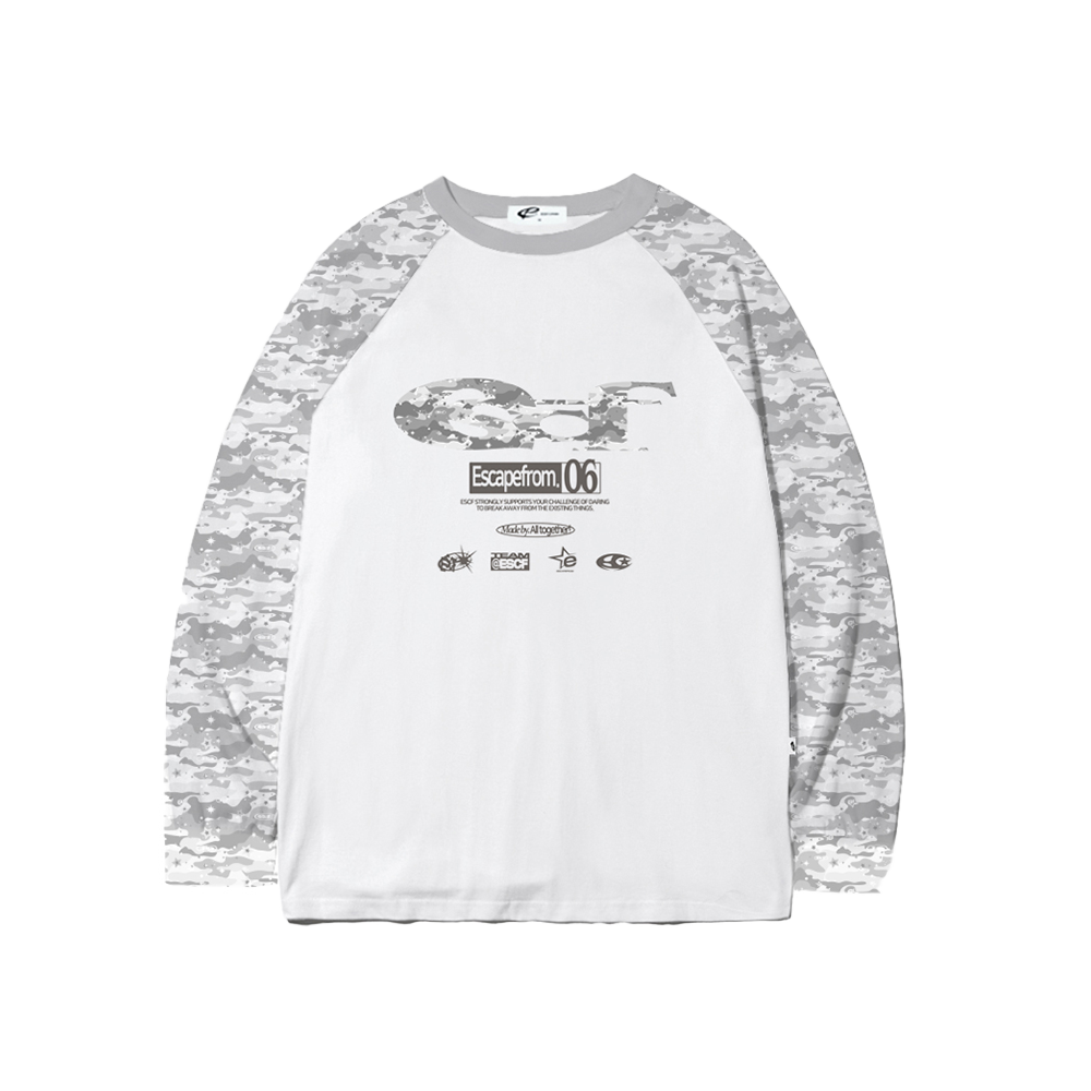 E252LS057RR Escapefrom ESCF Logo Collage & Logo Play Camo Full Print Long Sleeve T-shirt Gray