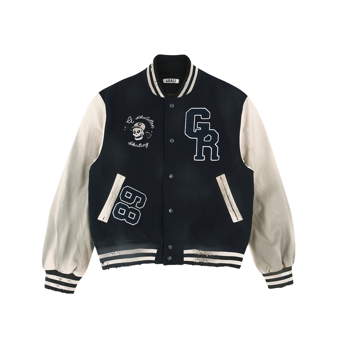 GR25FWMO06NV Grailz Skeletkate Dirty Varsity Jacket Navy