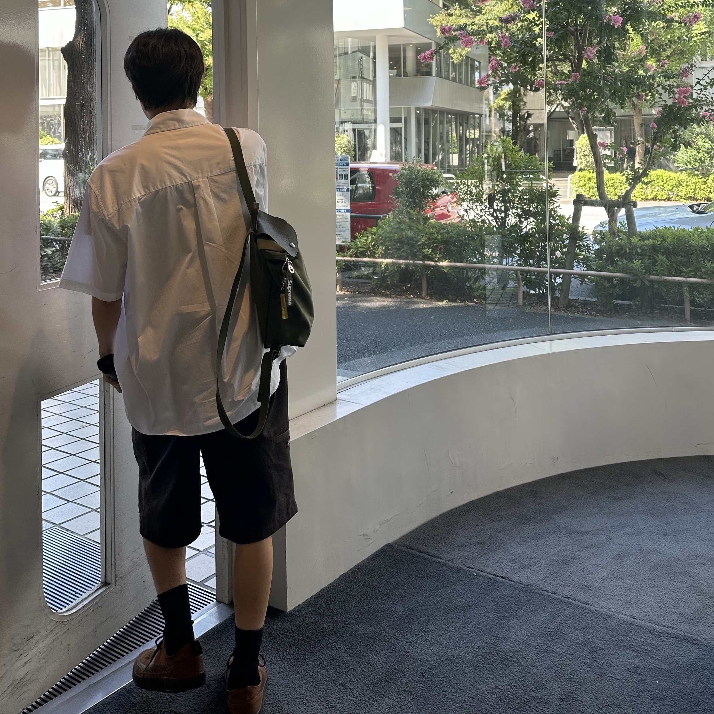 Stussy x Our Legacy Work Shop Borrowed Shirt Short Sleeve White Poplin, Dickies Loose Fit 13 Inch Flat Front Work Shorts Dark Brown 착용 스타일