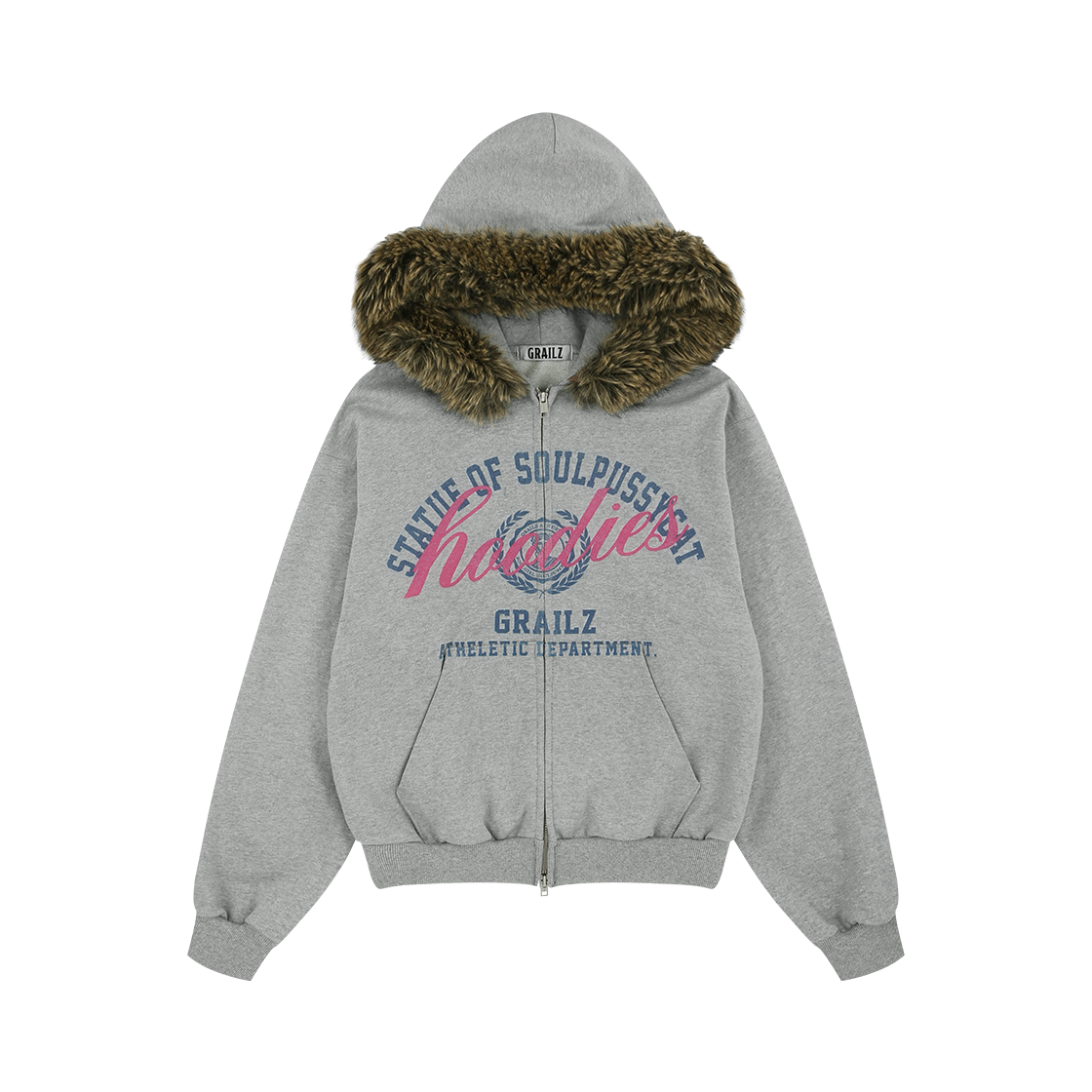 GR25FWMH07GR Soulpusssycat X Grailz Parody Fur Zip Hoodie Gray