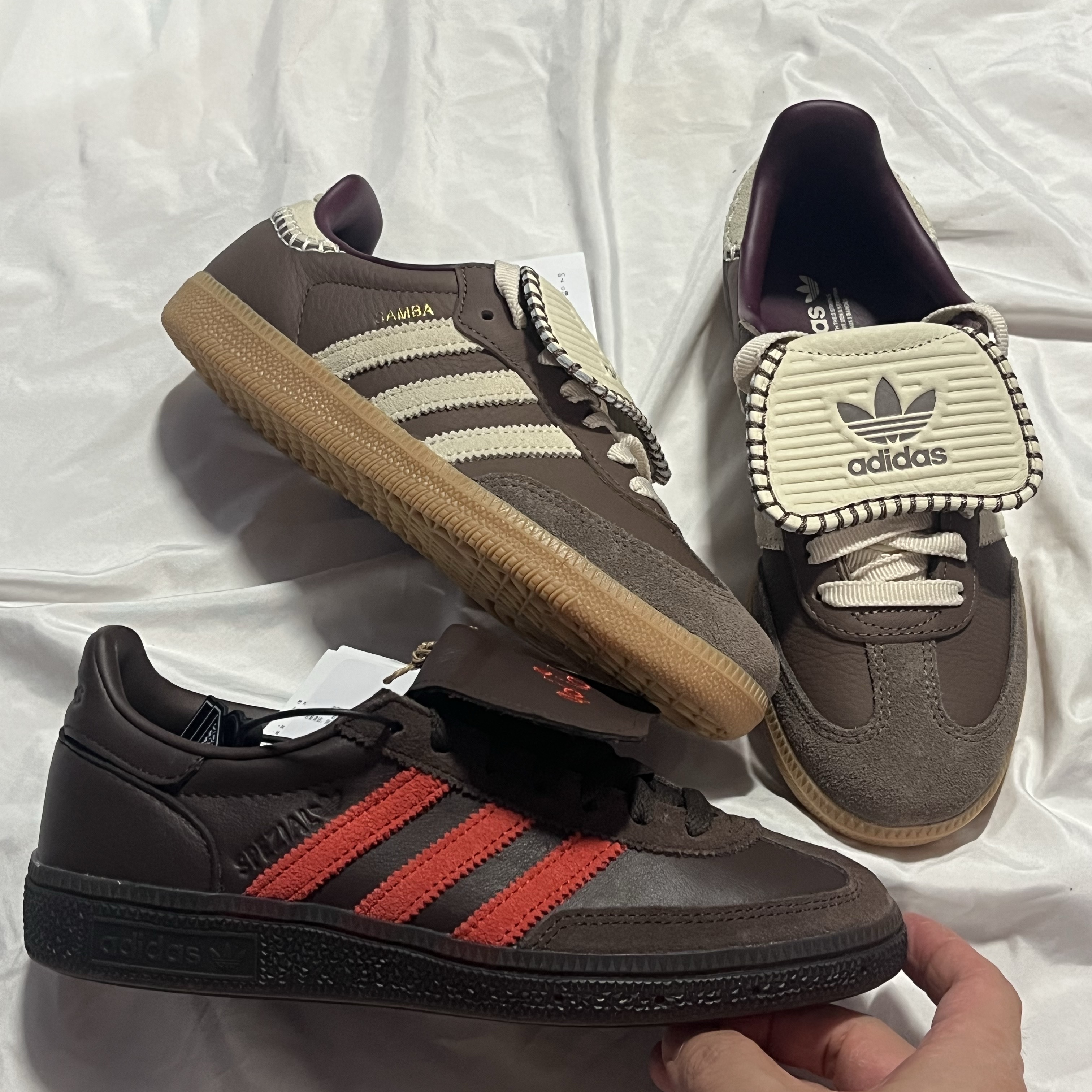 (W) Adidas Samba LT Earth Strata Core White, Adidas Spezial Handball Brown Collegiate Orange 착용 스타일 - 1