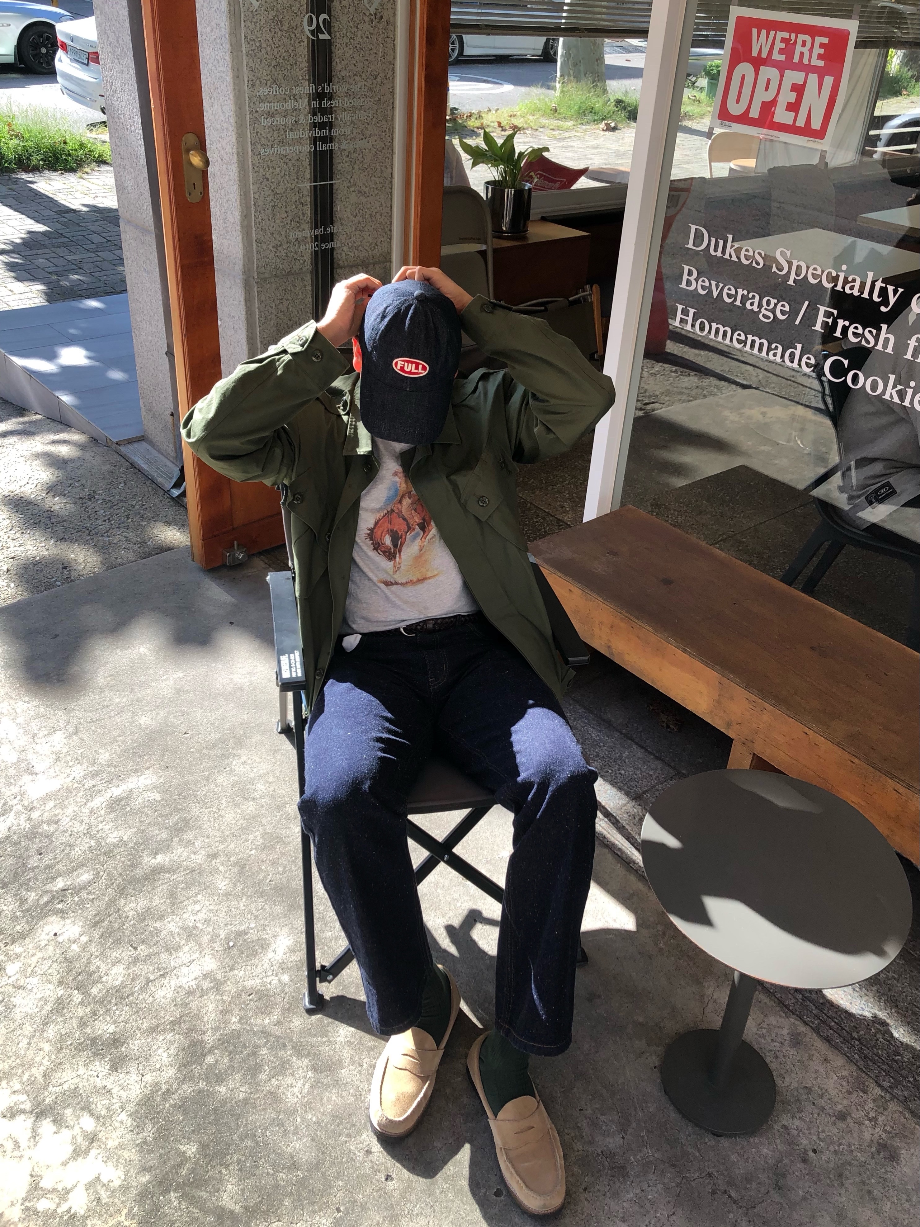 Fullcount Full Emblem Denim Baseball Cap Indigo Blue, The Real McCoy's Combat Tropical Coat Olive 착용 스타일 - 1