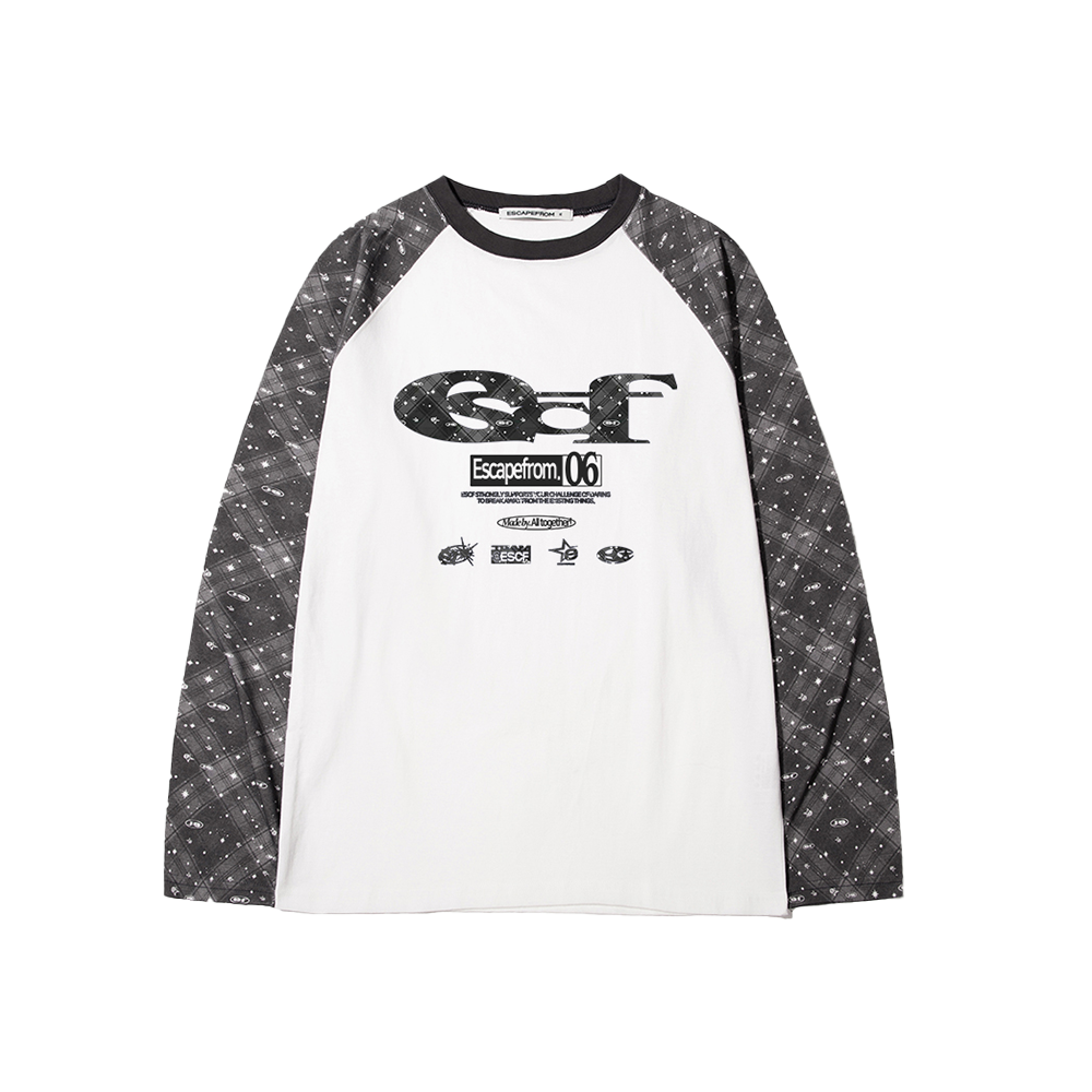 이스케이프프롬 ESCF 로고 콜라주 앤드 로고플레이 체크 풀프린트 롱슬리브 블랙(Escapefrom ESCF Logo Collage & Logo Play Check Full Print Long Sleeve T-shirt Black) - 1