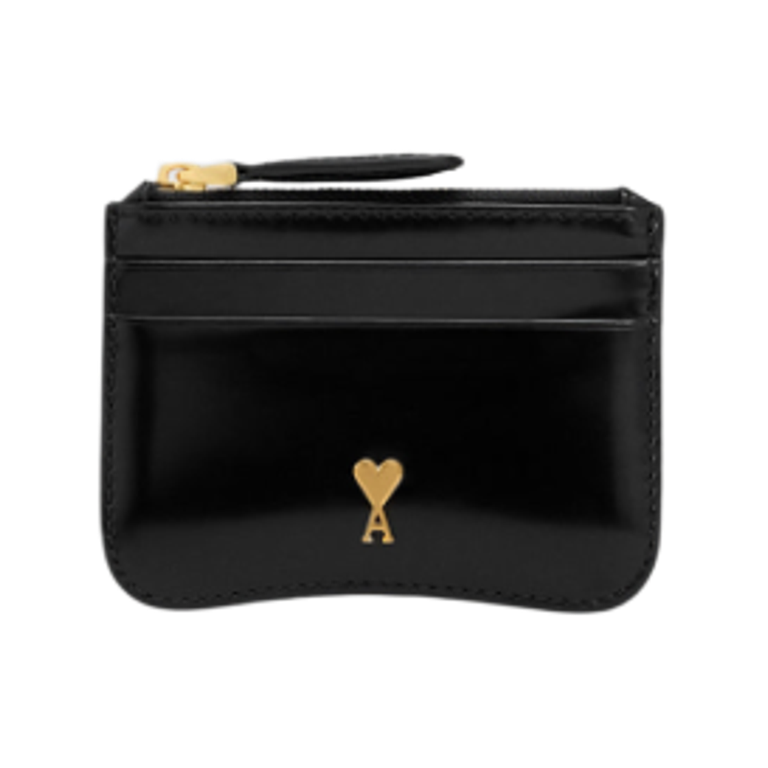 아미 파리 스몰 하트 로고 글레이즈드 레더 지퍼 카드 홀더 블랙 골드(AMI Paris de Coeur Zipped Card Holder in Glazed Leather Black Gold)