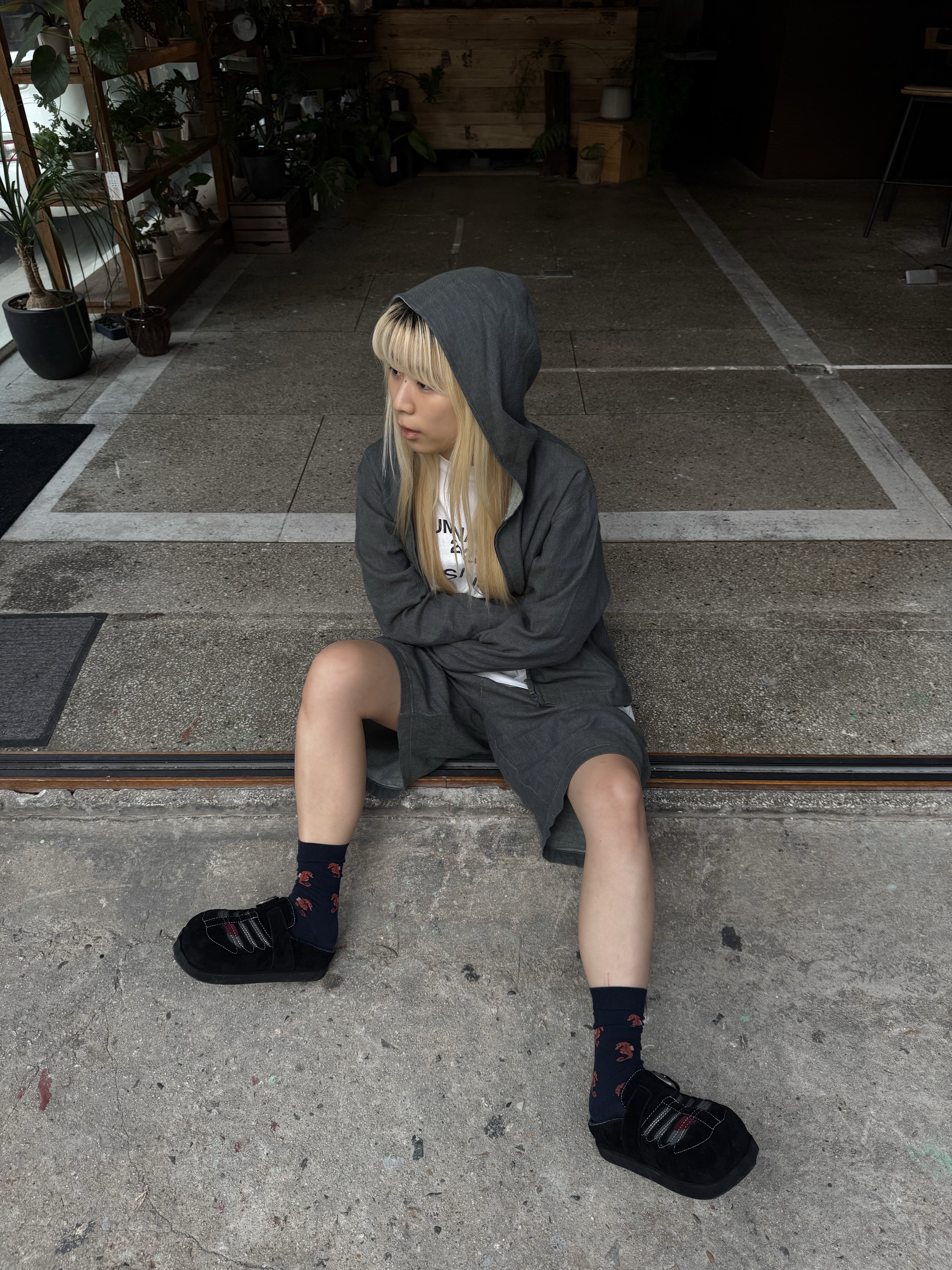 Hono Report Hooded Zip-Up Faded Denim, Hono Report Easy Half Pants Faded Denim 착용 스타일 - 5
