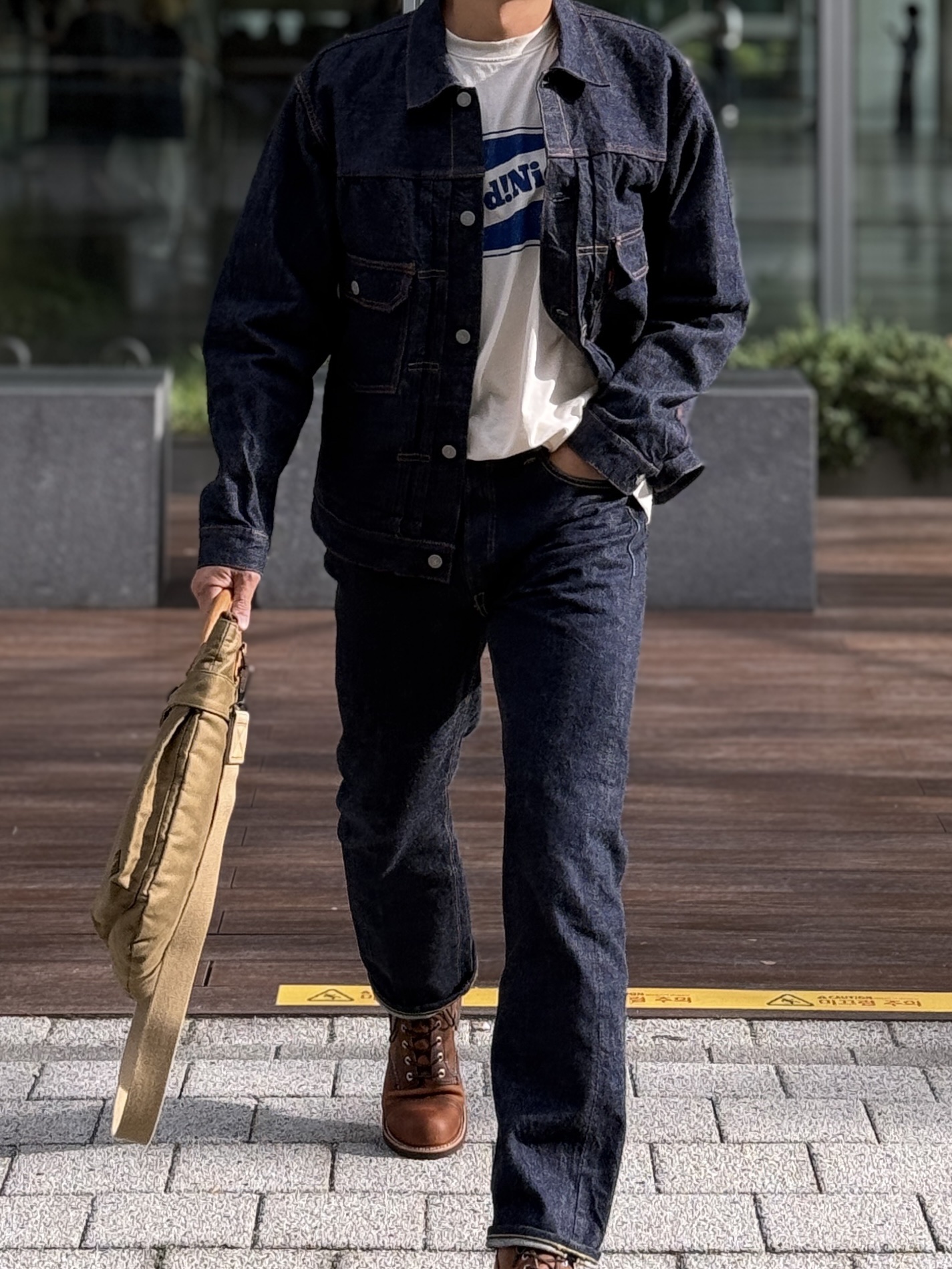 Fullcount 2102W-20 Type 2 Denim Jacket One Wash Indigo Blue - Red Tab, Fullcount 1101W Straight Denim One Wash Indigo Blue 착용 스타일 - 3