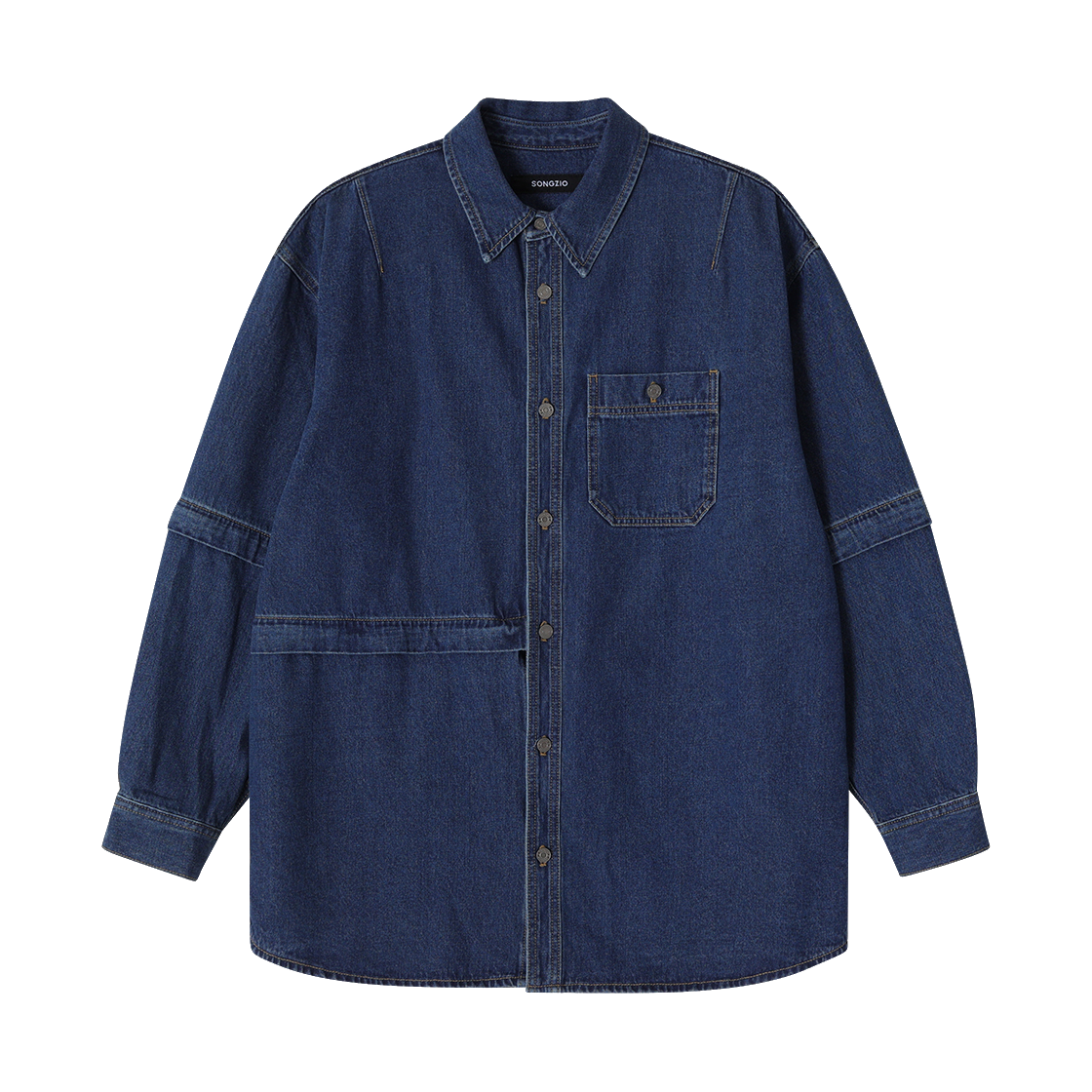 송지오컬렉션 어시메트릭 디터쳐블 데님 셔츠 블루