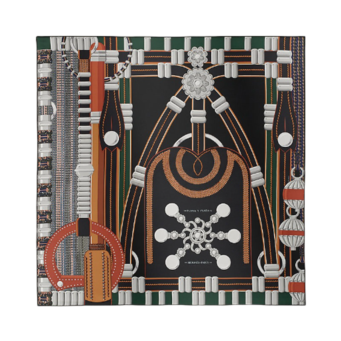 에르메스 플로라 이 플라타 스카프 90 누아 테레 쿠트 베르 로든(Hermes Flora Y Plata Scarf 90 Noir Terre Cuite Vert Loden)